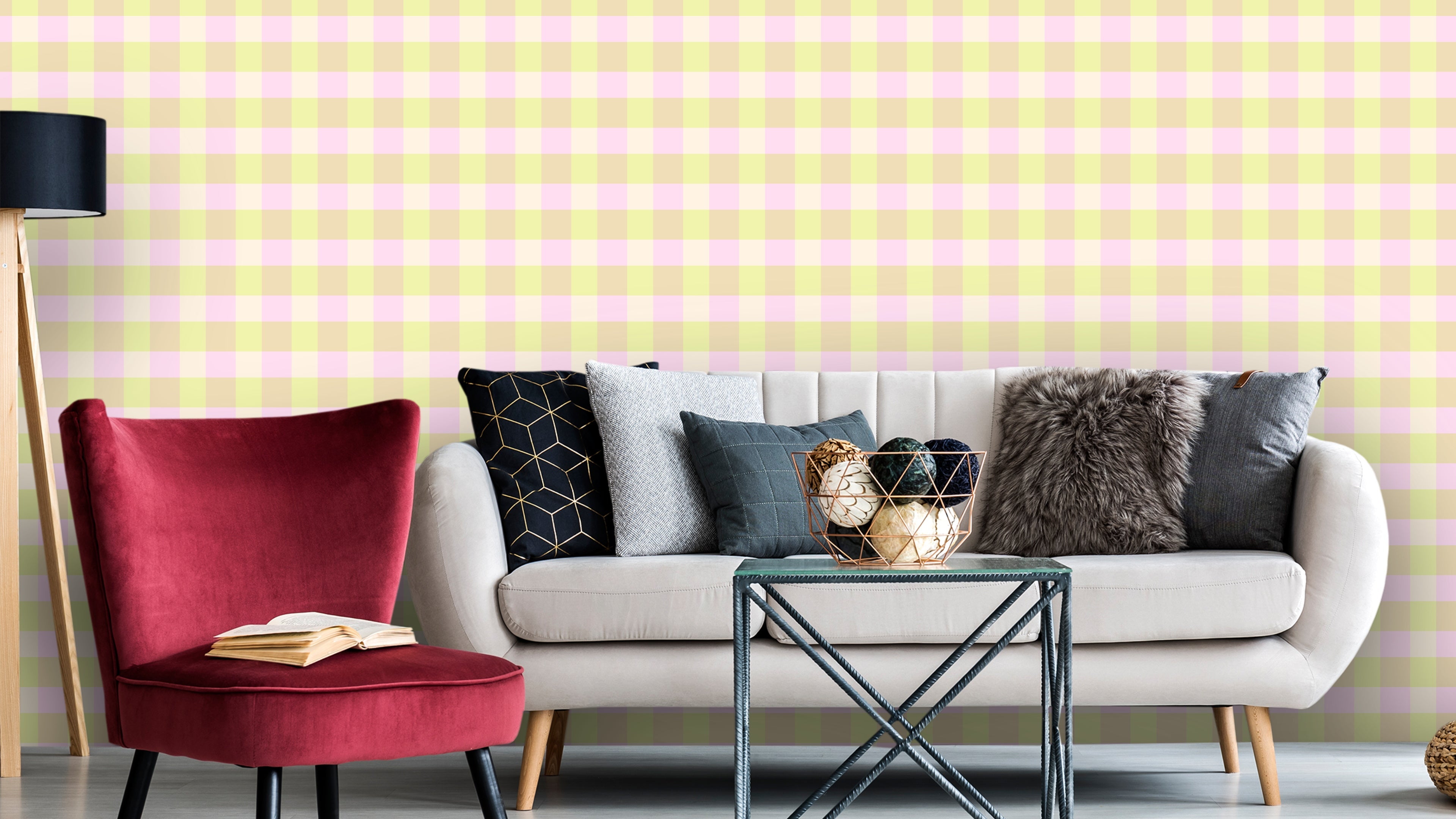 Reval Wallpaper Gingham - Cupcake - Klassisk tapet med rutmönster i rosa och gult – högkvalitativ tapet för en personlig o...