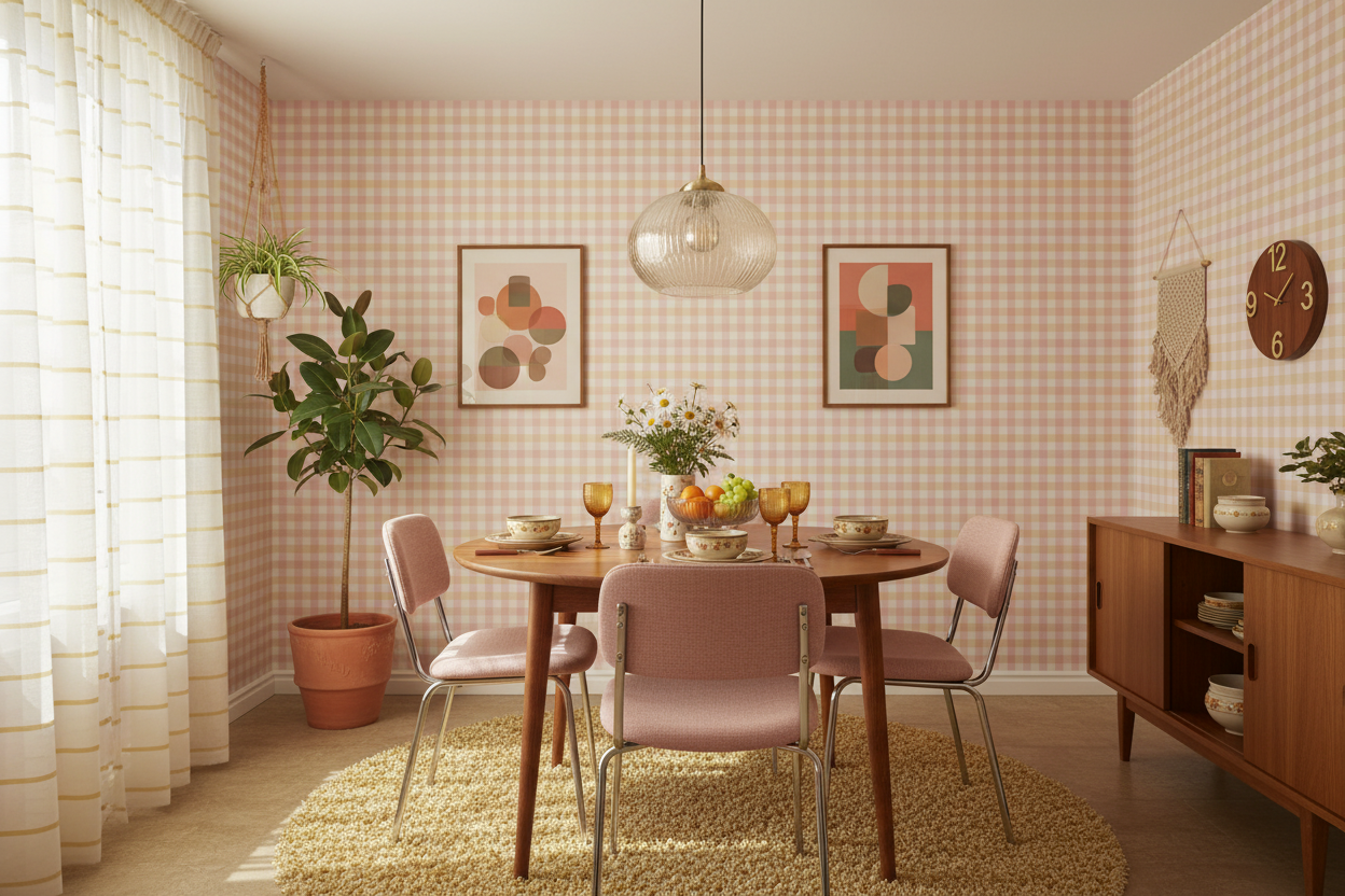 Reval Wallpaper Gingham - Cupcake - Klassisk tapet med rutmönster i rosa och gult – högkvalitativ tapet för en personlig o...