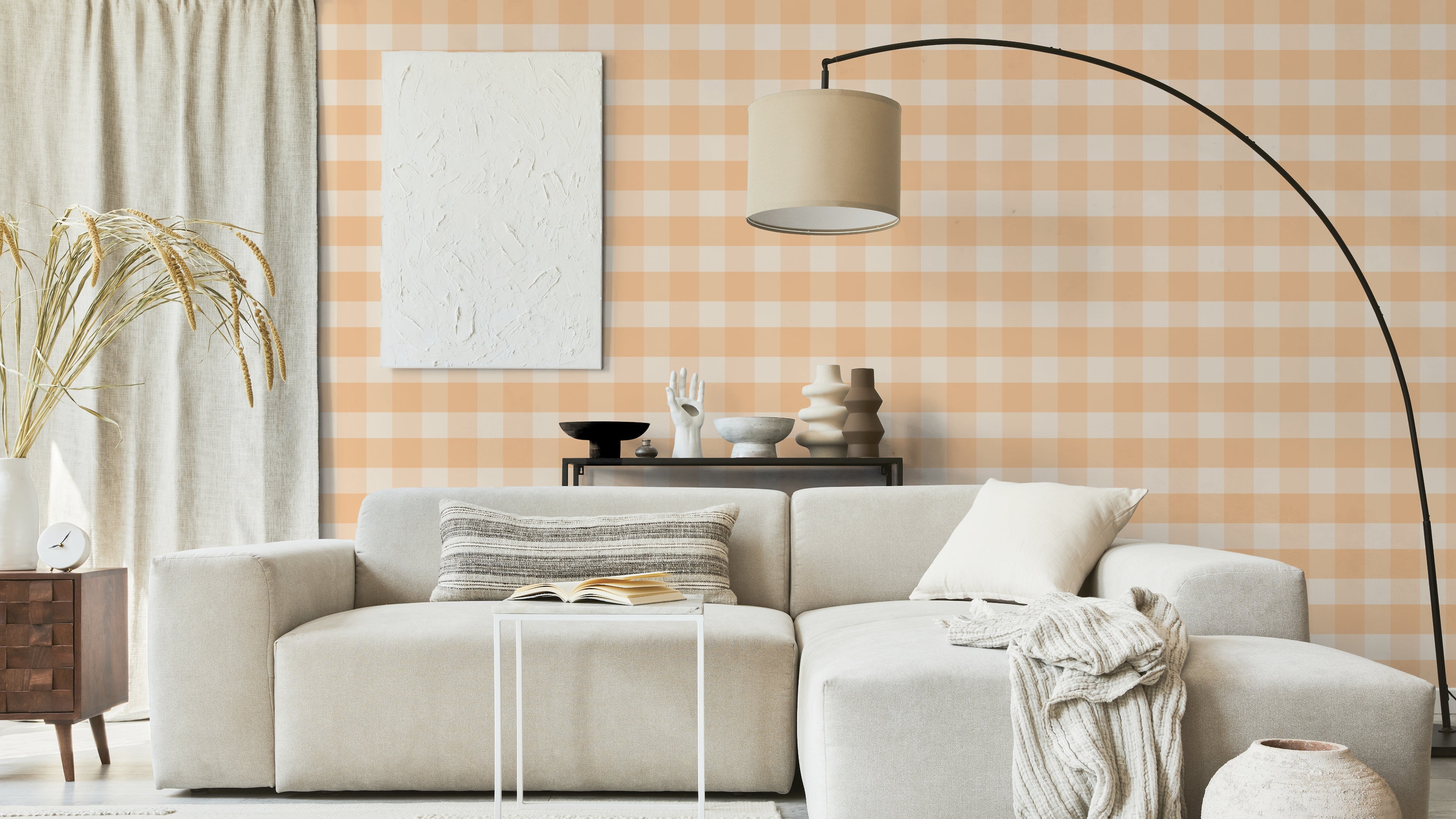Reval Wallpaper Gingham - Kumquat - Klassisk tapet med rutmönster i orange och gult – högkvalitativ tapet för en personlig...