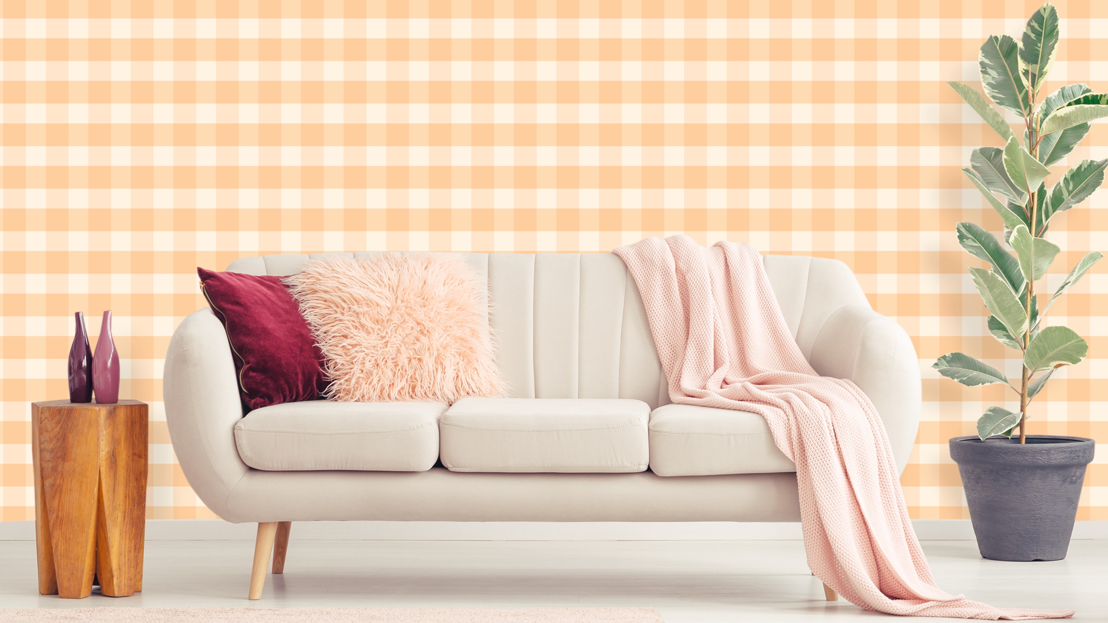 Reval Wallpaper Gingham - Kumquat - Klassisk tapet med rutmönster i orange och gult – högkvalitativ tapet för en personlig...