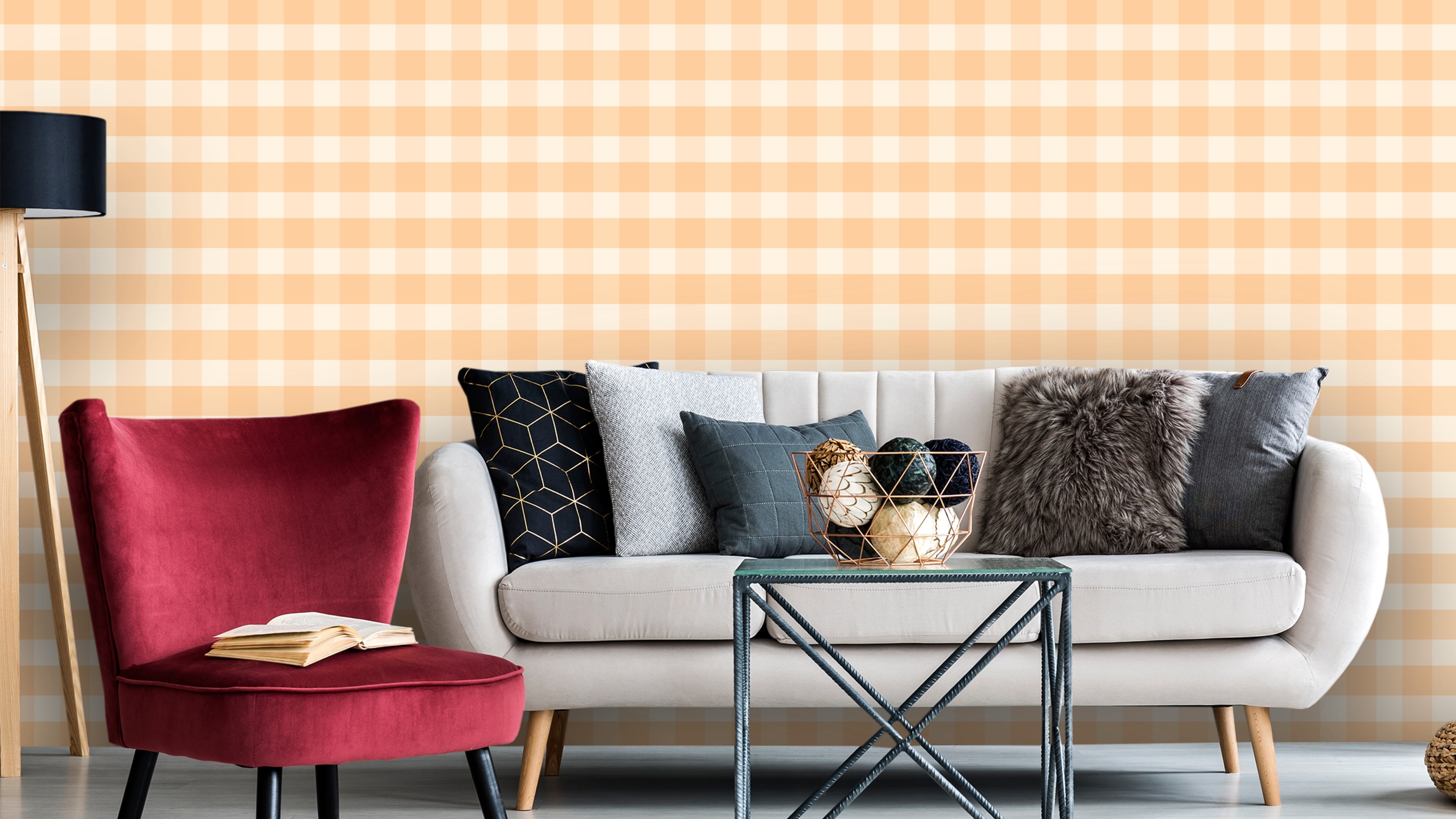 Reval Wallpaper Gingham - Kumquat - Klassisk tapet med rutmönster i orange och gult – högkvalitativ tapet för en personlig...