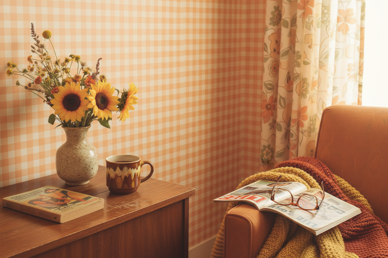 Reval Wallpaper Gingham - Kumquat - Klassisk tapet med rutmönster i orange och gult – högkvalitativ tapet för en personlig...