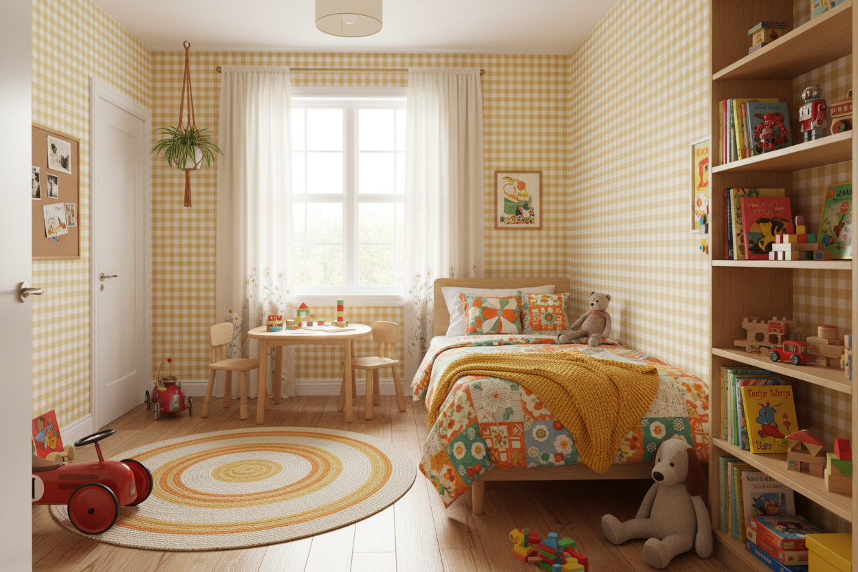 Reval Wallpaper Gingham - Sunflower - Klassisk tapet med rutmönster i gult – högkvalitativ tapet för en personlig och harm...