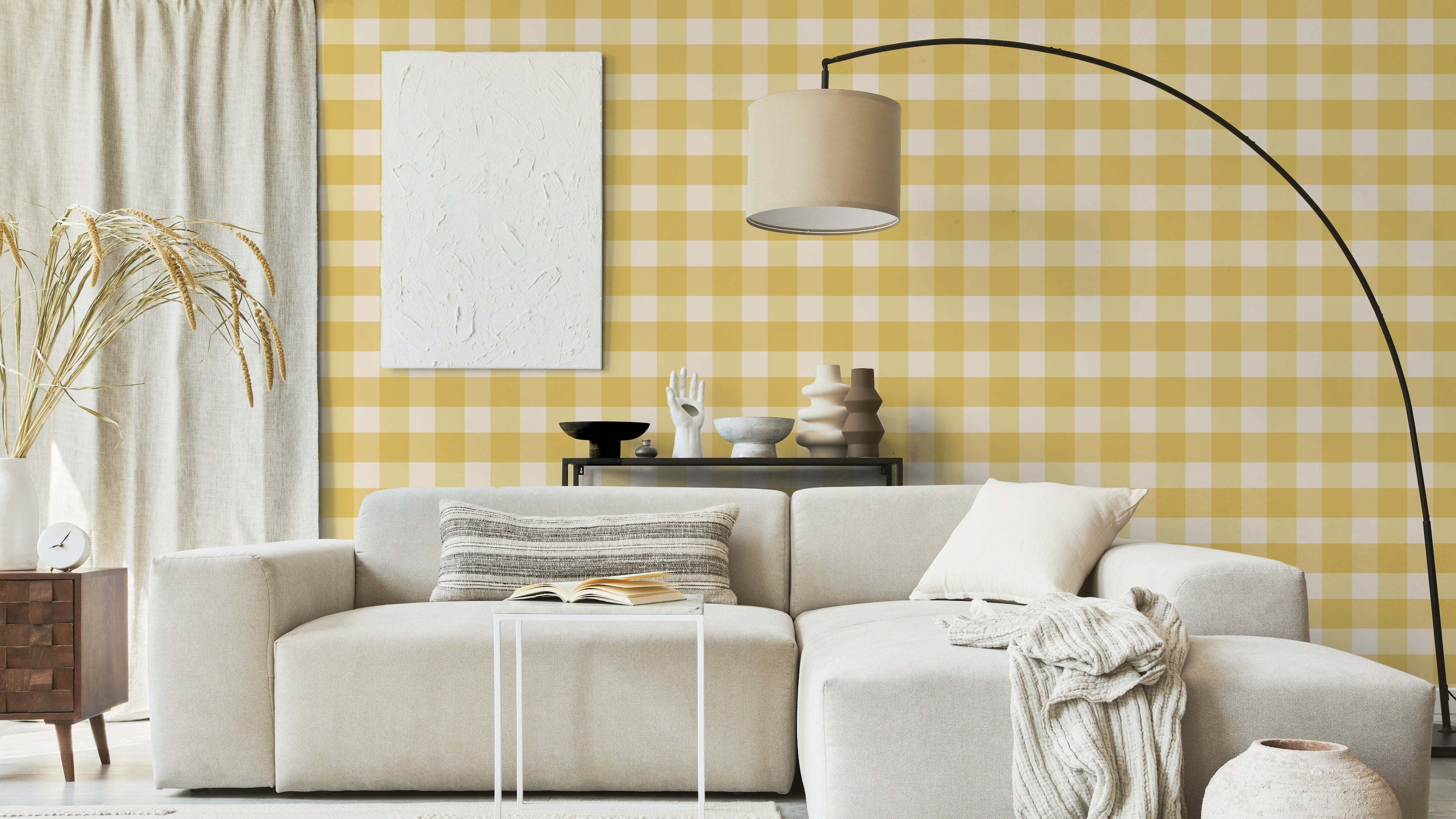 Reval Wallpaper Gingham - Sunflower - Klassisk tapet med rutmönster i gult – högkvalitativ tapet för en personlig och harm...