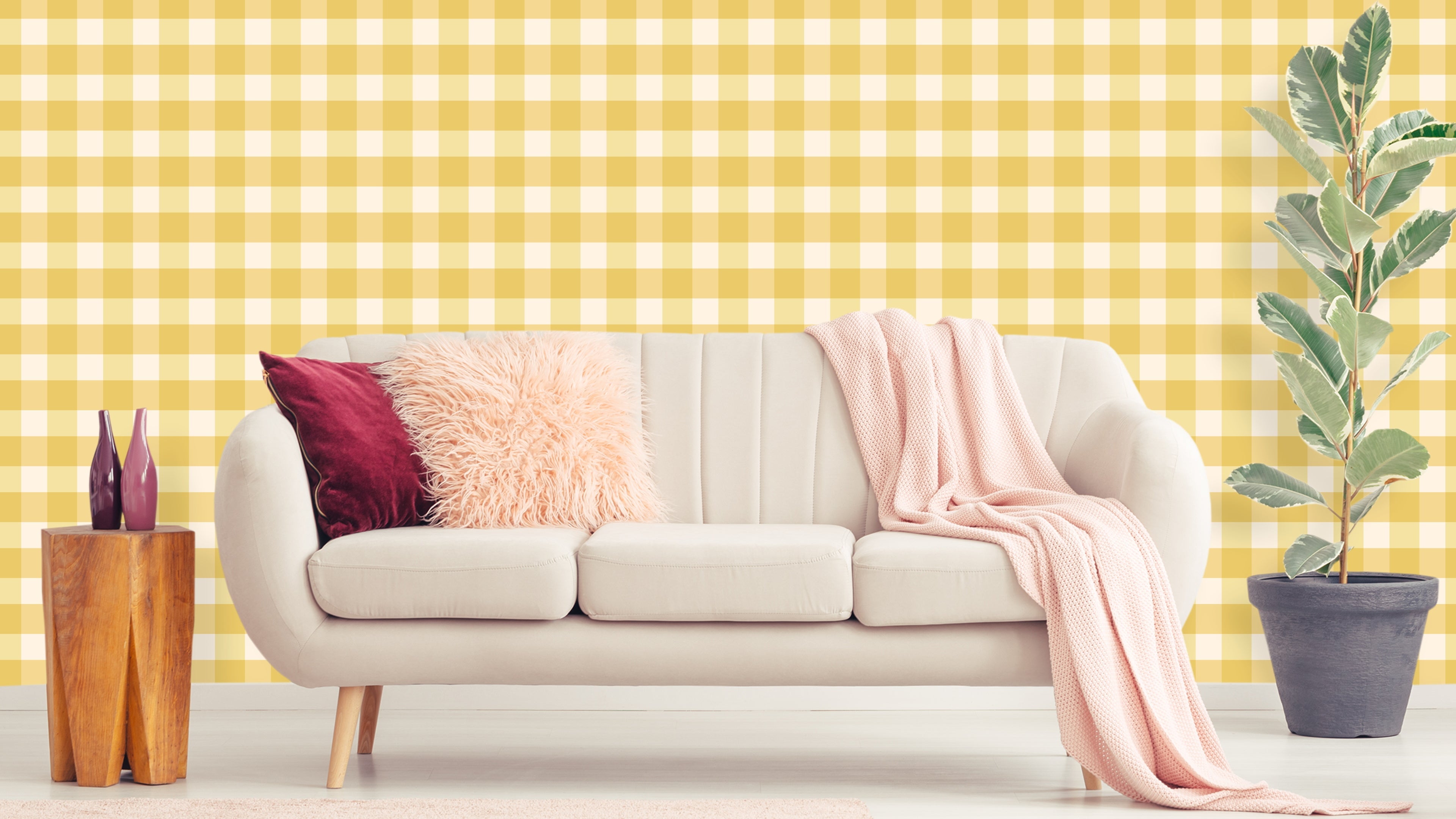 Reval Wallpaper Gingham - Sunflower - Klassisk tapet med rutmönster i gult – högkvalitativ tapet för en personlig och harm...