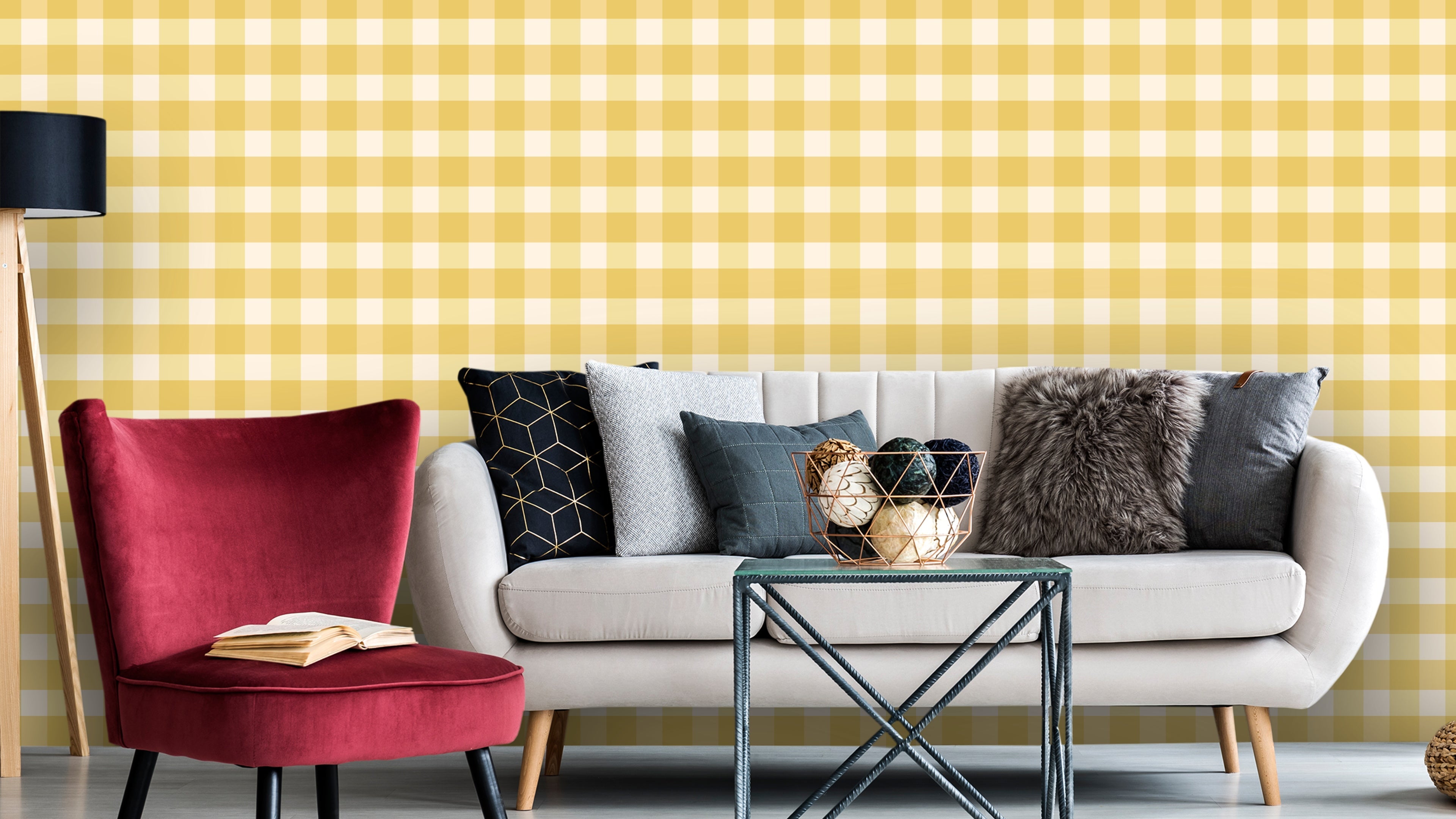 Reval Wallpaper Gingham - Sunflower - Klassisk tapet med rutmönster i gult – högkvalitativ tapet för en personlig och harm...