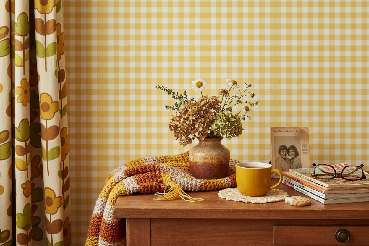 Reval Wallpaper Gingham - Sunflower - Klassisk tapet med rutmönster i gult – högkvalitativ tapet för en personlig och harm...