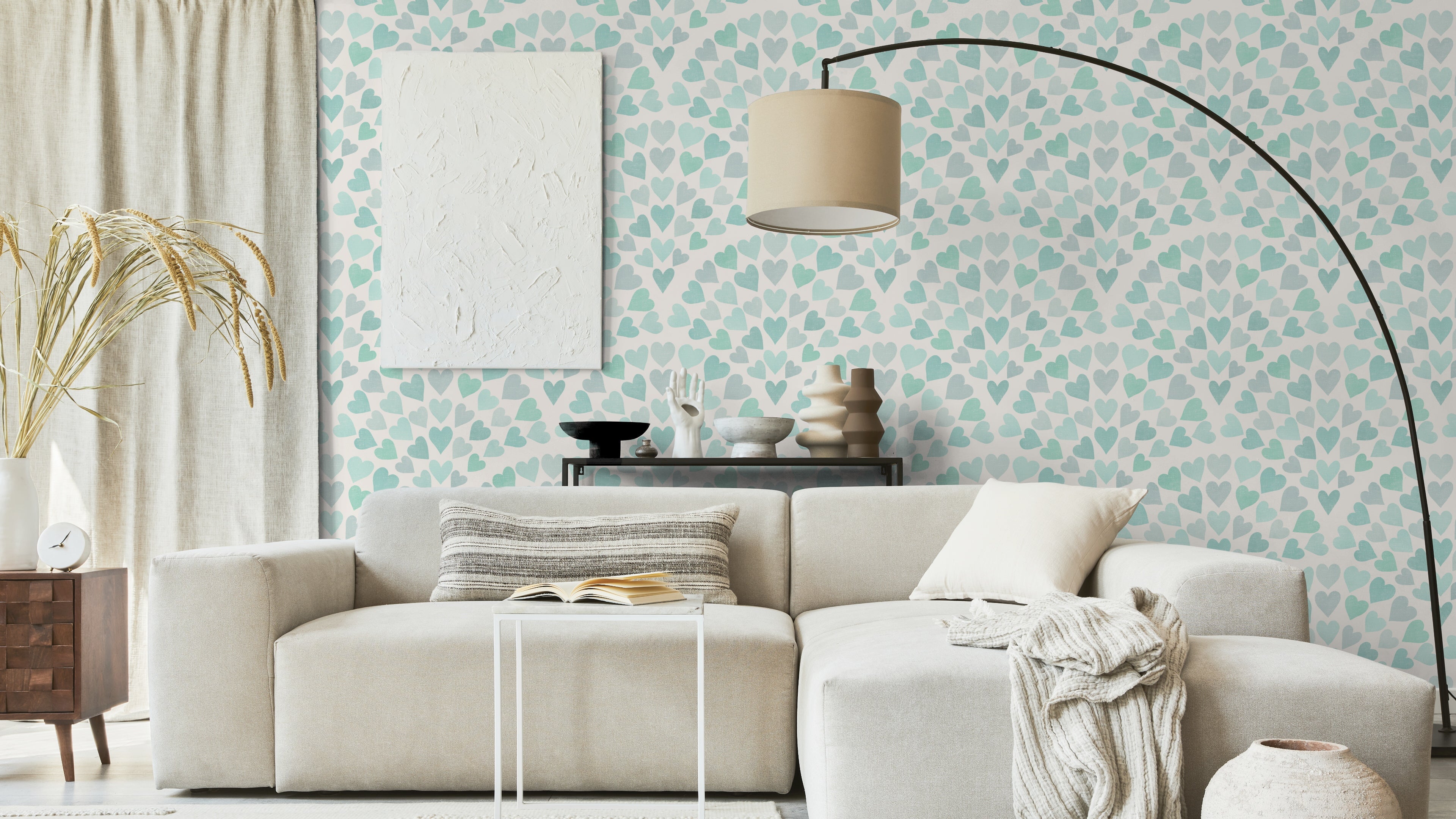 Reval Wallpaper Scallop Hearts - Aqua - Fräsch tapet med hjärtmotiv i turkosa toner – högkvalitativ tapet för en personlig...