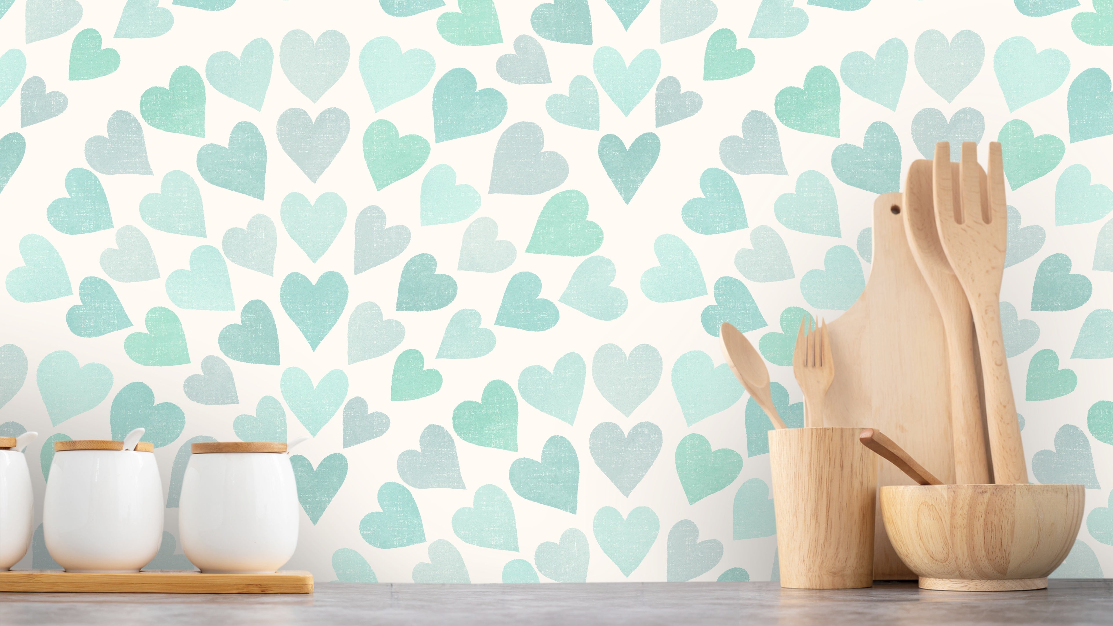 Reval Wallpaper Scallop Hearts - Aqua - Fräsch tapet med hjärtmotiv i turkosa toner – högkvalitativ tapet för en personlig...