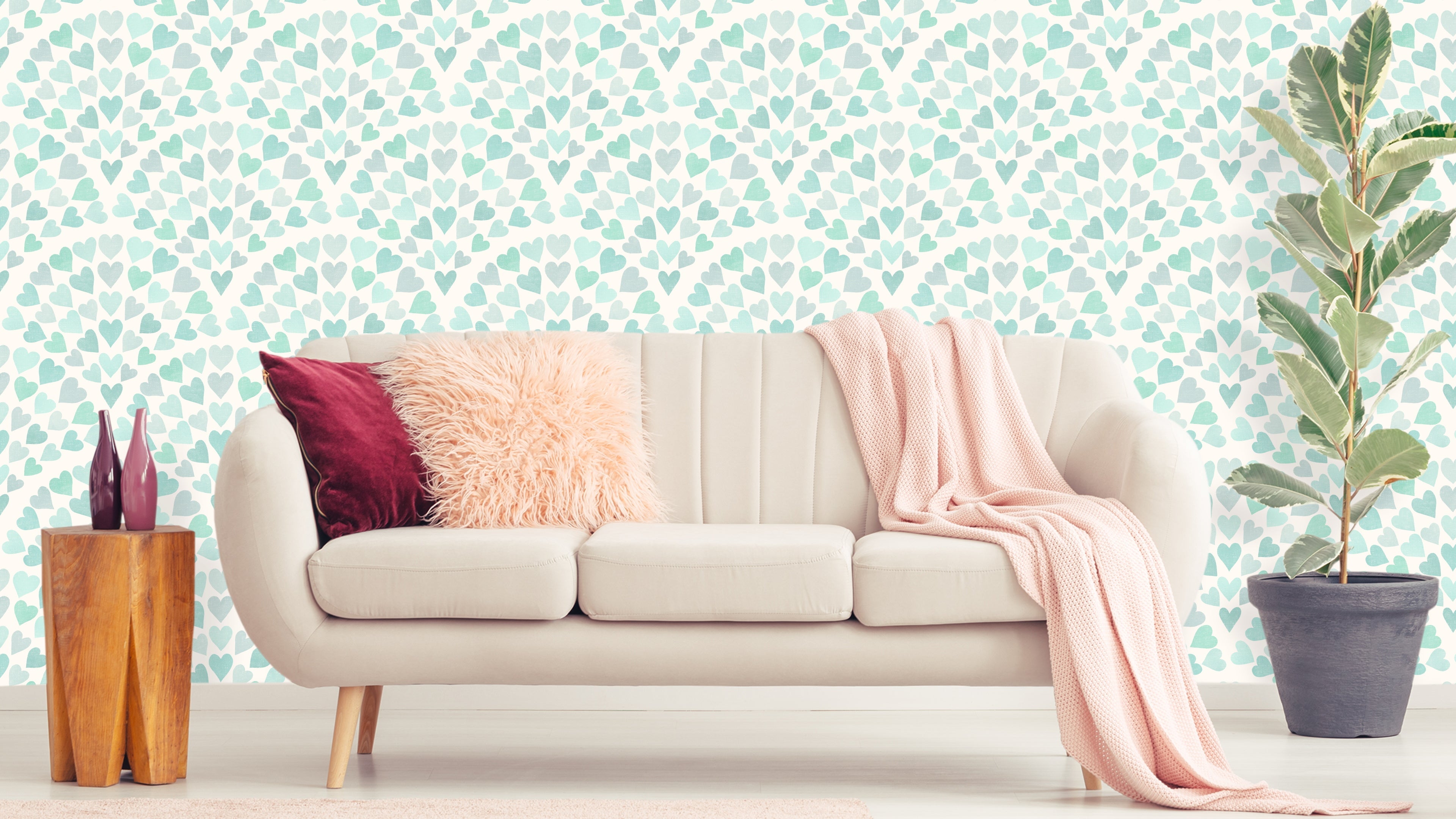 Reval Wallpaper Scallop Hearts - Aqua - Fräsch tapet med hjärtmotiv i turkosa toner – högkvalitativ tapet för en personlig...