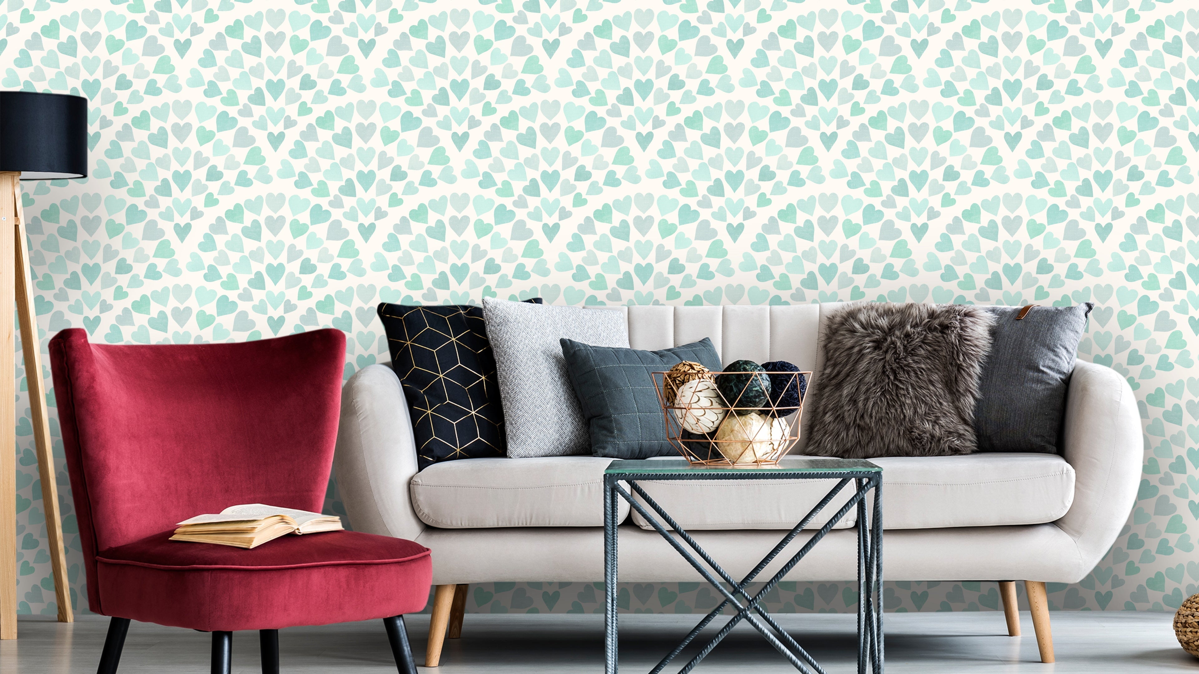 Reval Wallpaper Scallop Hearts - Aqua - Fräsch tapet med hjärtmotiv i turkosa toner – högkvalitativ tapet för en personlig...