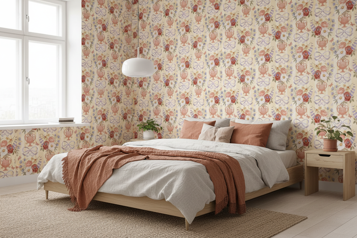 Victorian Vase – Elegant striped wallpaper with flowers and Victorian vases