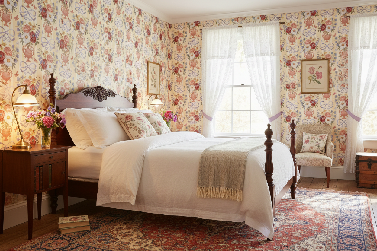 Victorian Vase – Elegant striped wallpaper with flowers and Victorian vases