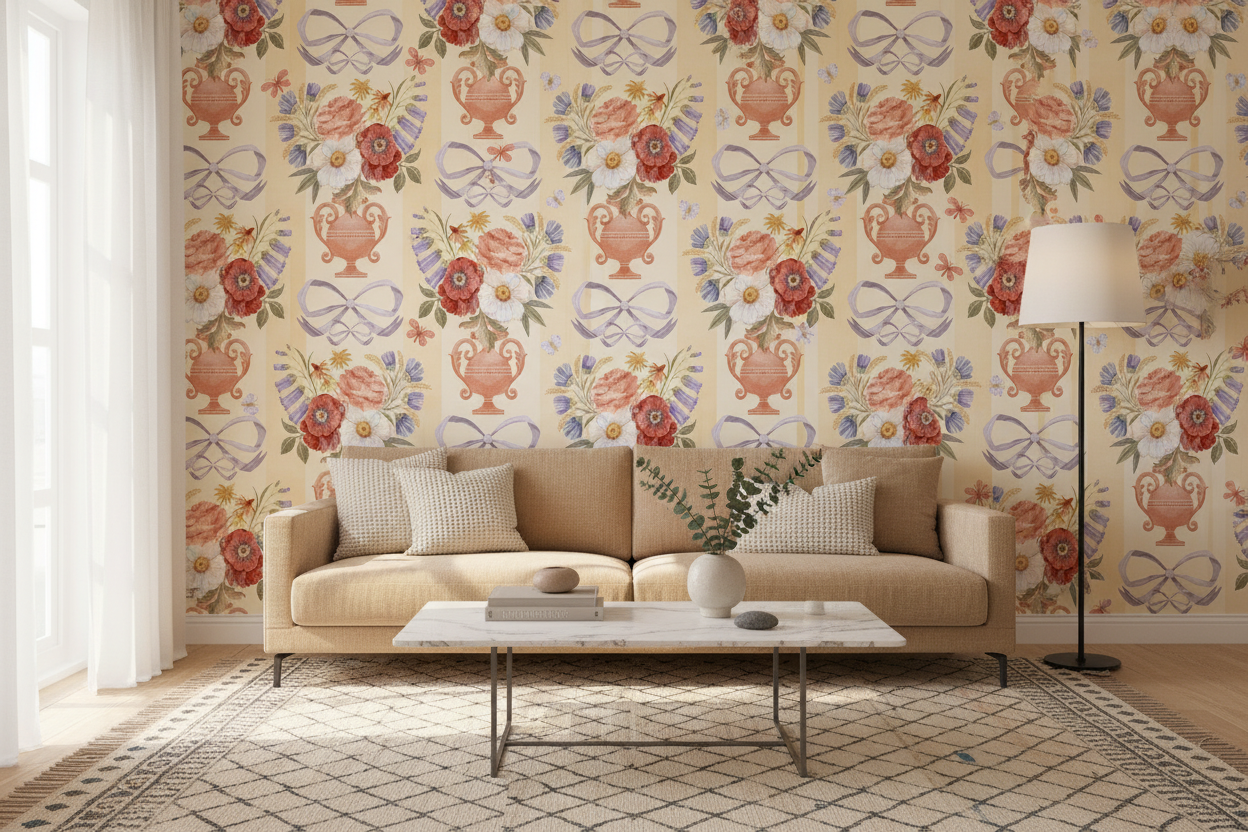 Victorian Vase – Elegant striped wallpaper with flowers and Victorian vases