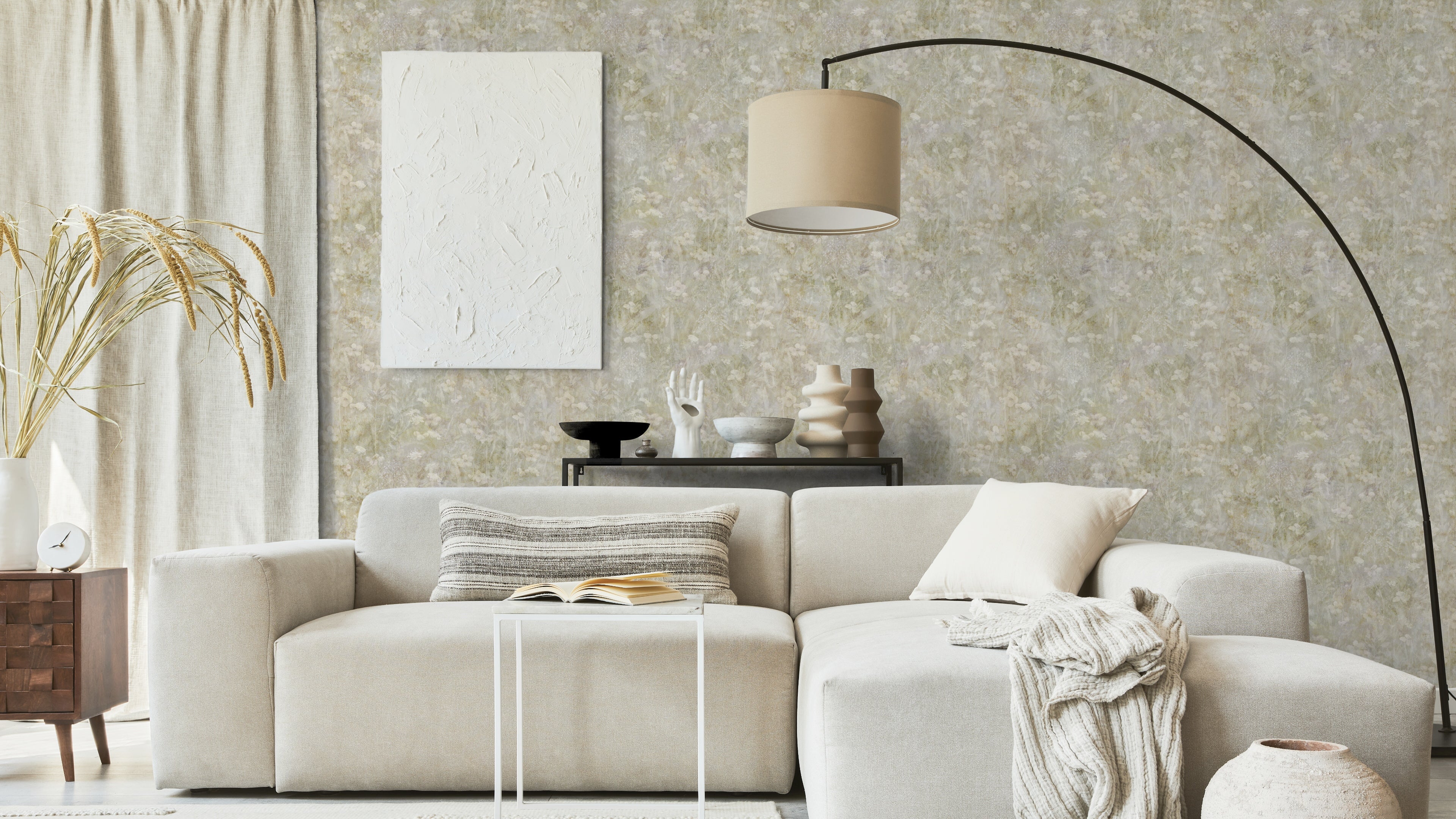 Endless summer - Morning mist – Beige-grå blommig tapet