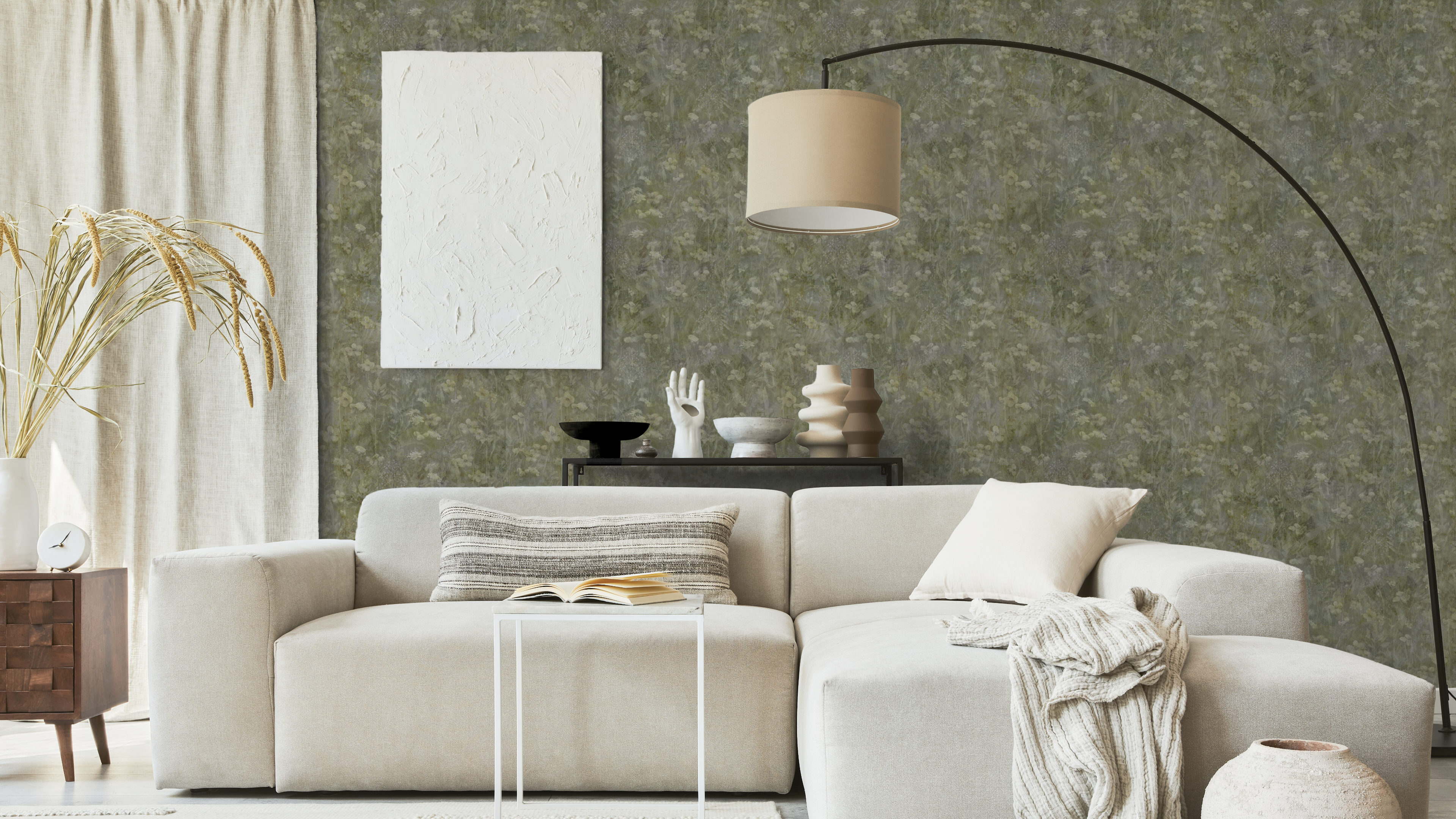 Endless summer - Dusk – Grön-grå blommig tapet