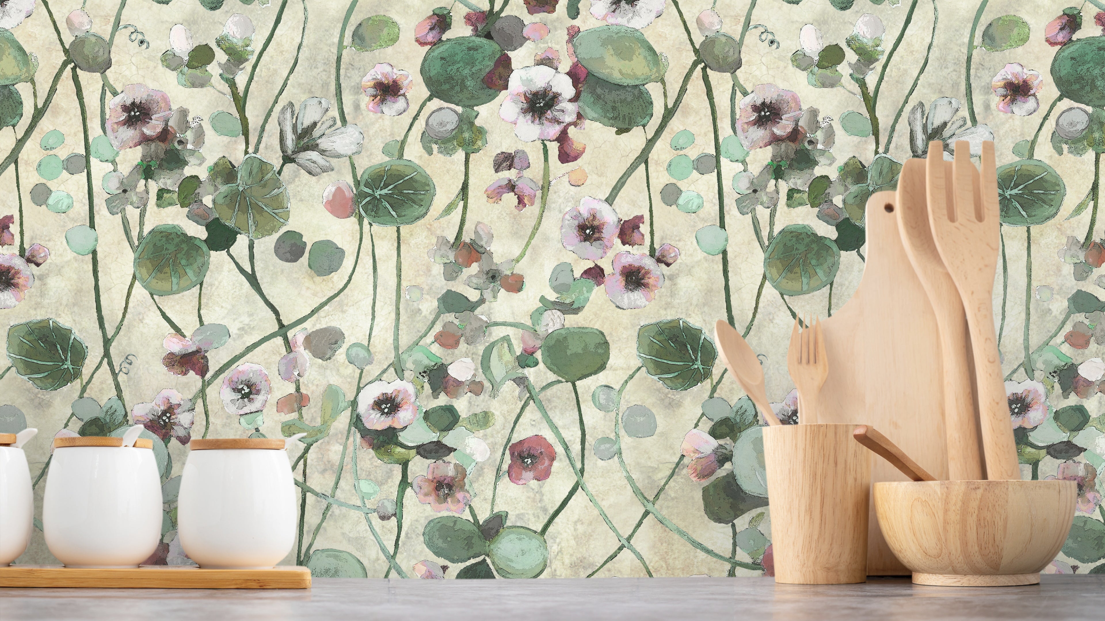 Krasse - Vit – Handmålad tapet med levande blommor på ljus bakgrund