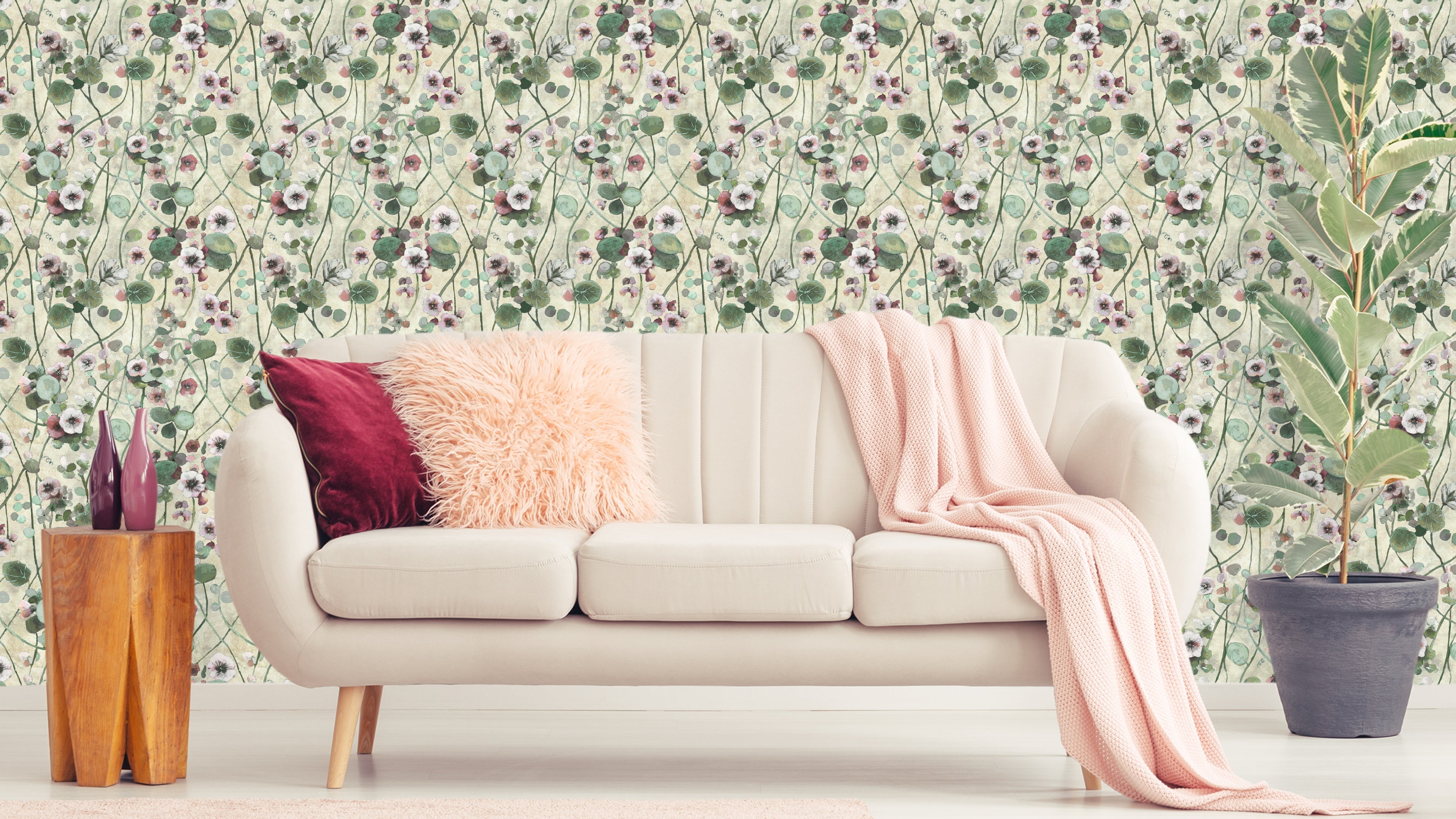 Krasse - Vit – Handmålad tapet med levande blommor på ljus bakgrund