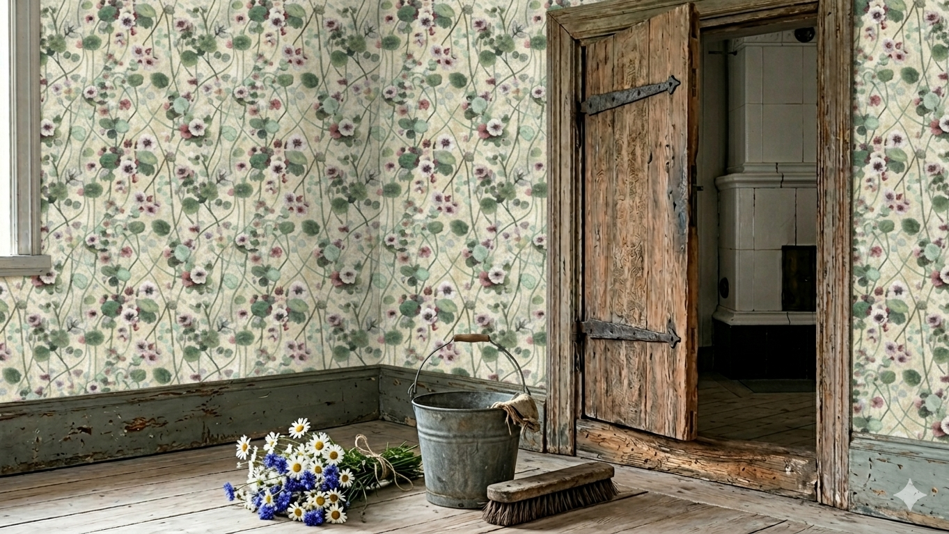 Krasse - Vit - Handmålad tapet med blommor på ljus bakgrund