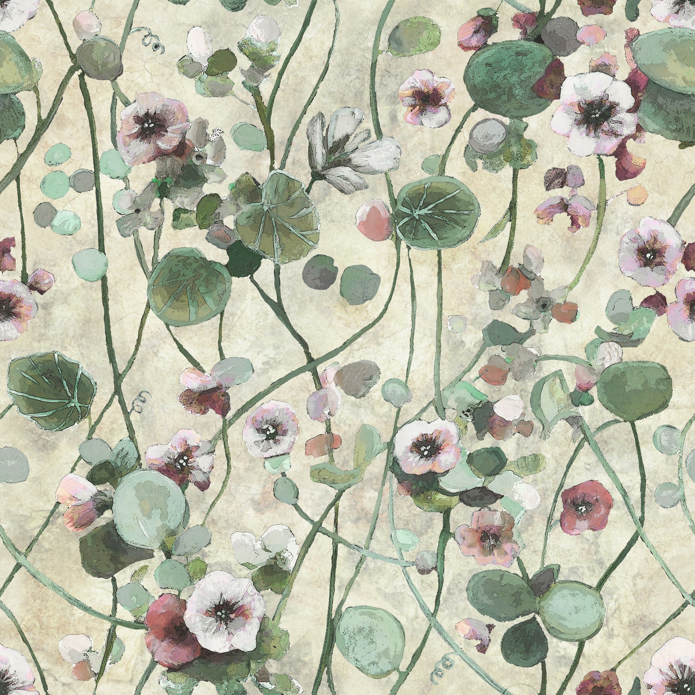 Krasse - Vit – Handmålad tapet med levande blommor på ljus bakgrund