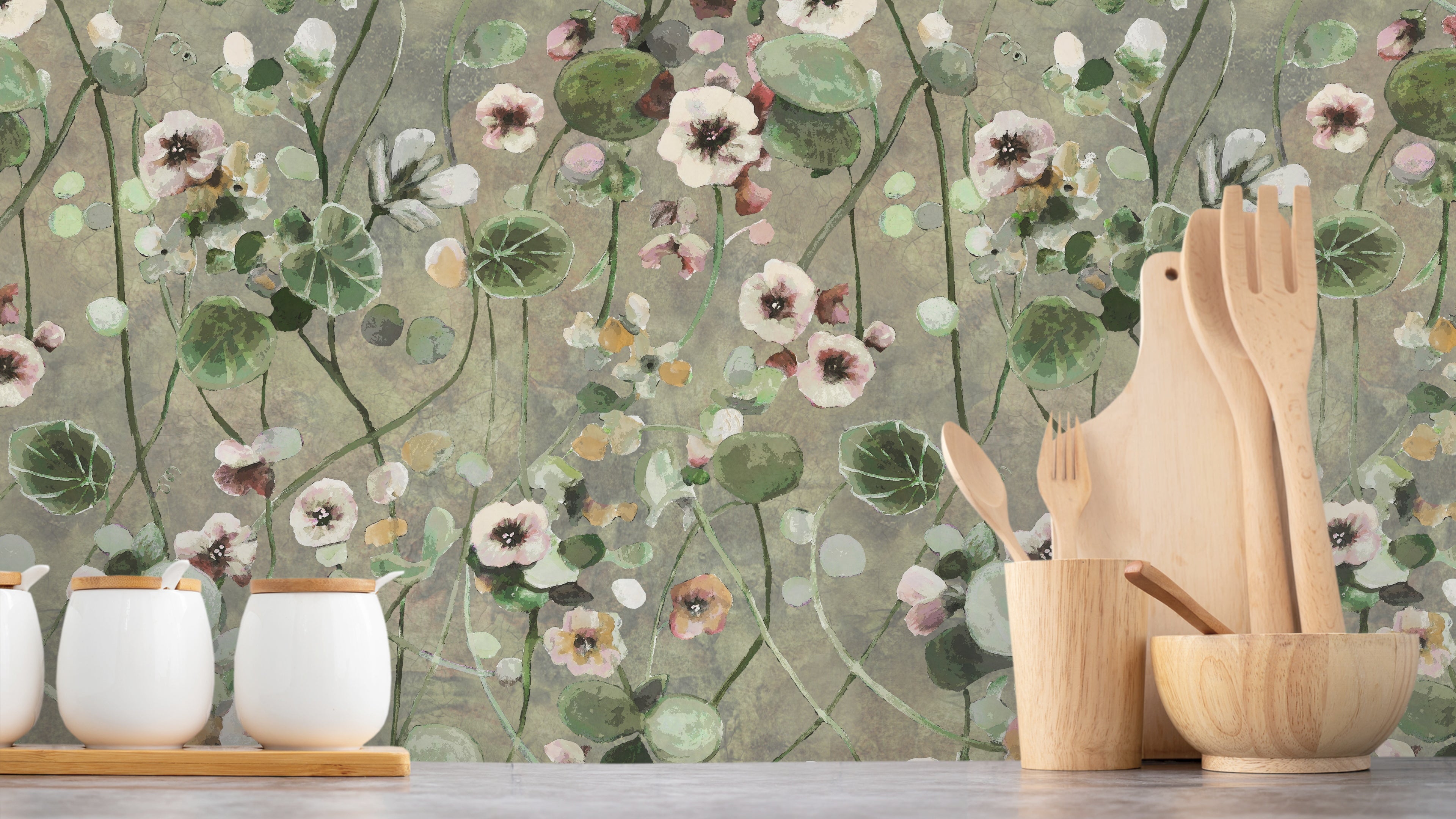 Reval Wallpaper Krasse - Greyish - Handmålad tapet med blommor i grå toner – högkvalitativ tapet för en personlig och harm...