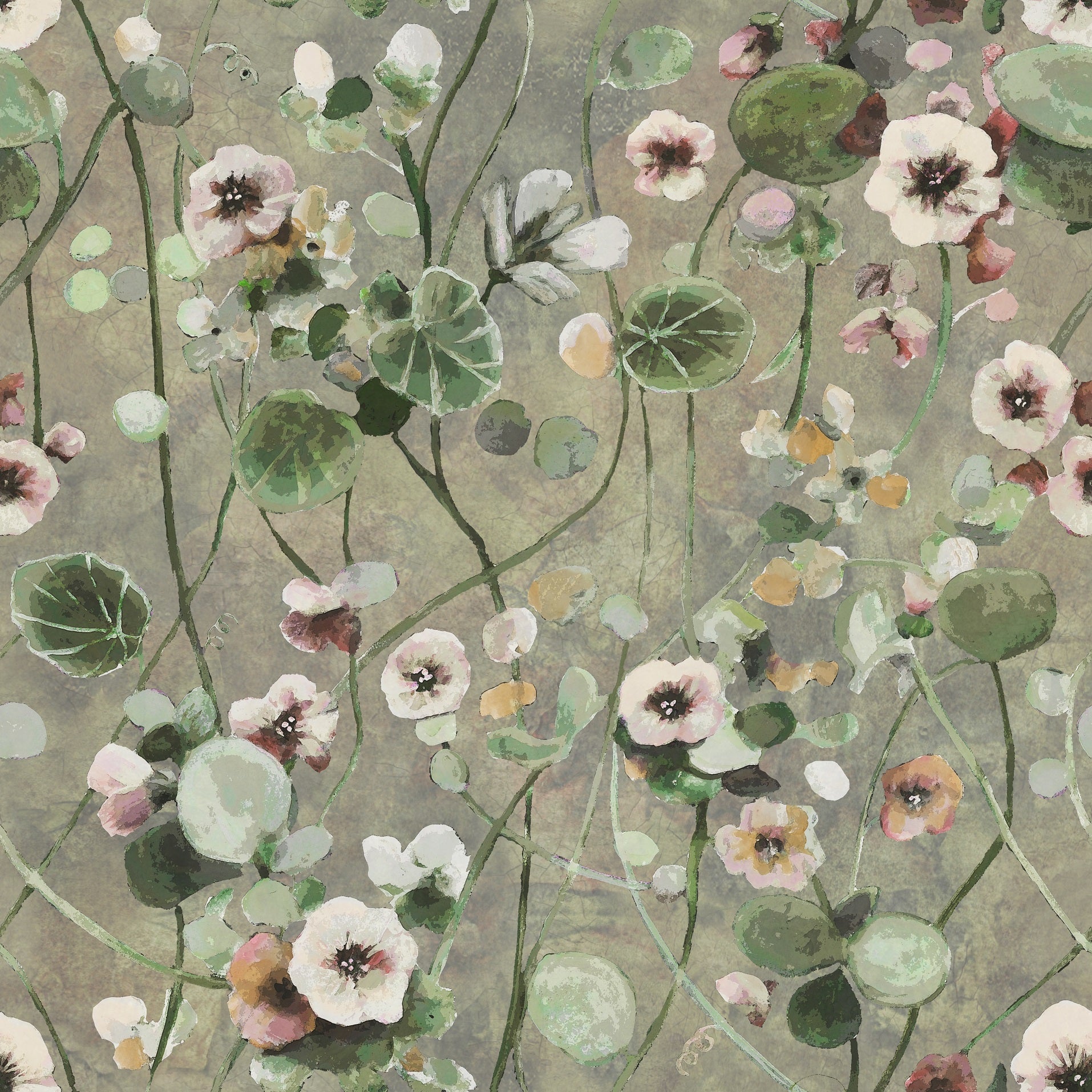 Reval Wallpaper Krasse - Greyish - Handmålad tapet med blommor i grå toner – högkvalitativ tapet för en personlig och harm...
