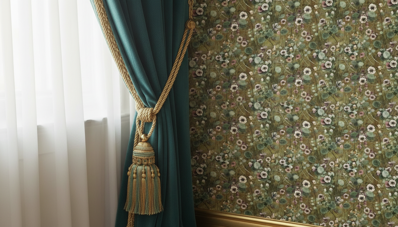 Reval Wallpaper Krasse - Ochre – Handmålad tapet med levande blommor i varma ockra toner – högkvalitativ tapet för en pers...