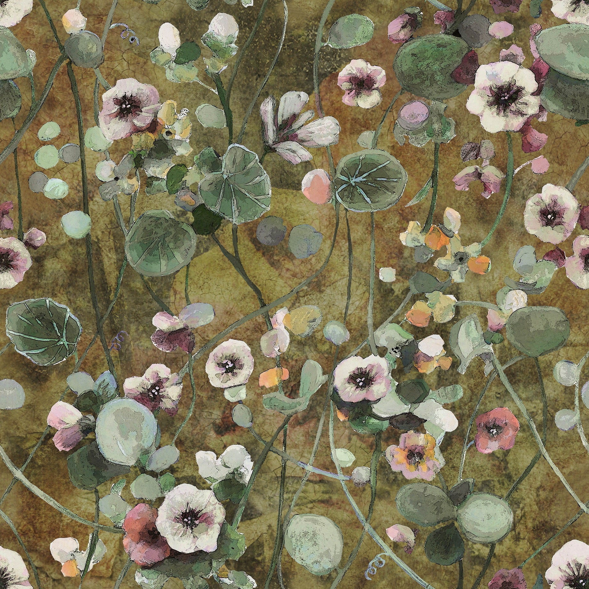 Krasse - Ochre – Handmålad tapet med levande blommor i varma ockra toner