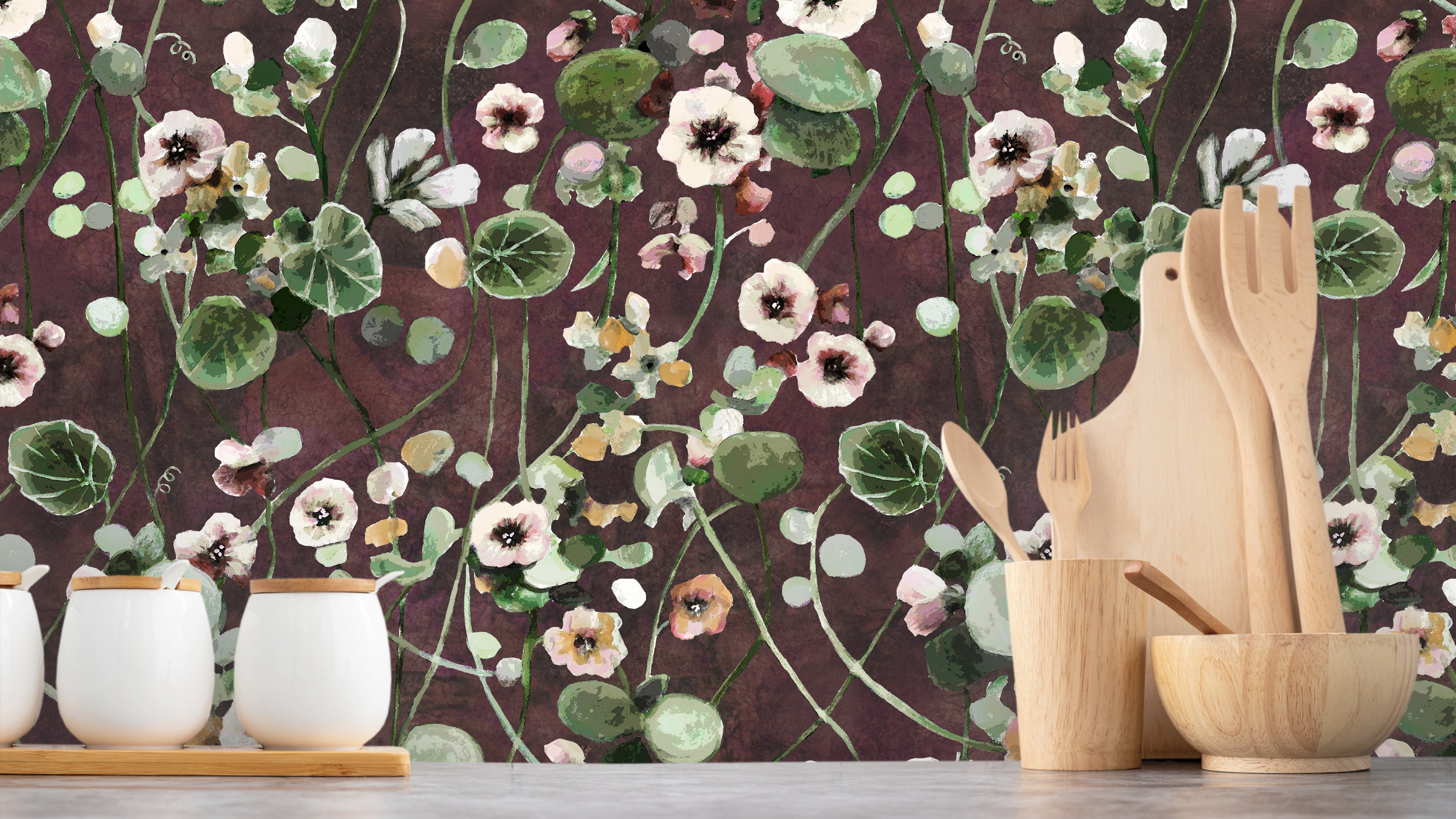 Krasse - Vine – Handmålad tapet med levande blommor i röda toner