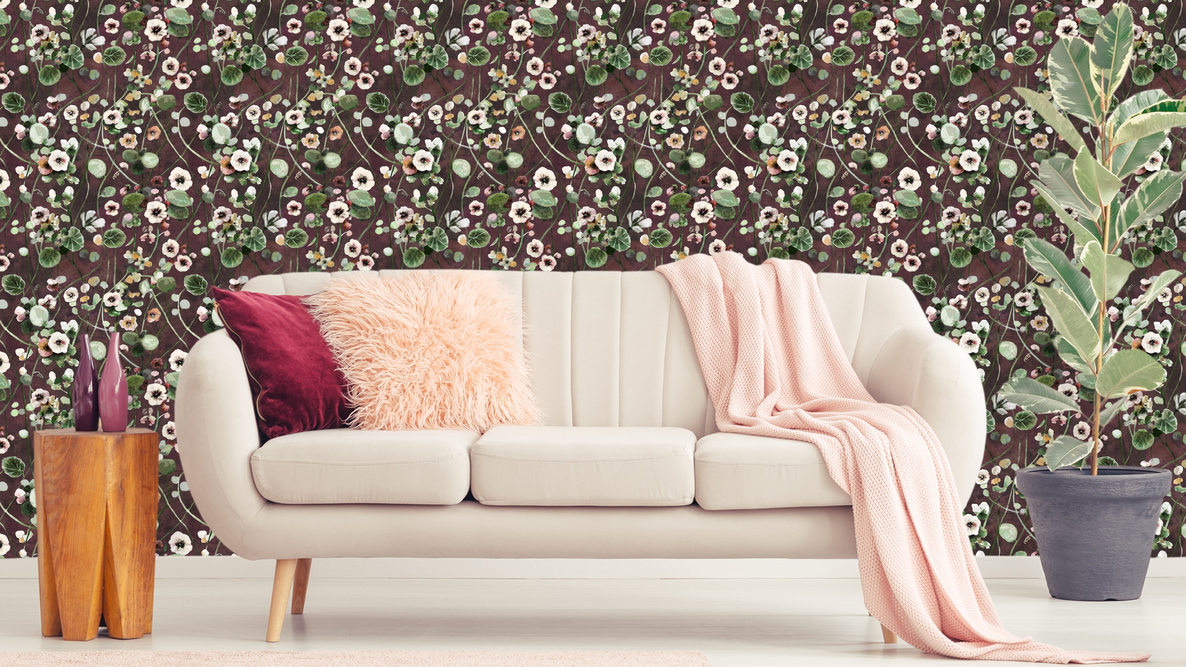 Krasse - Vine – Handmålad tapet med levande blommor i röda toner