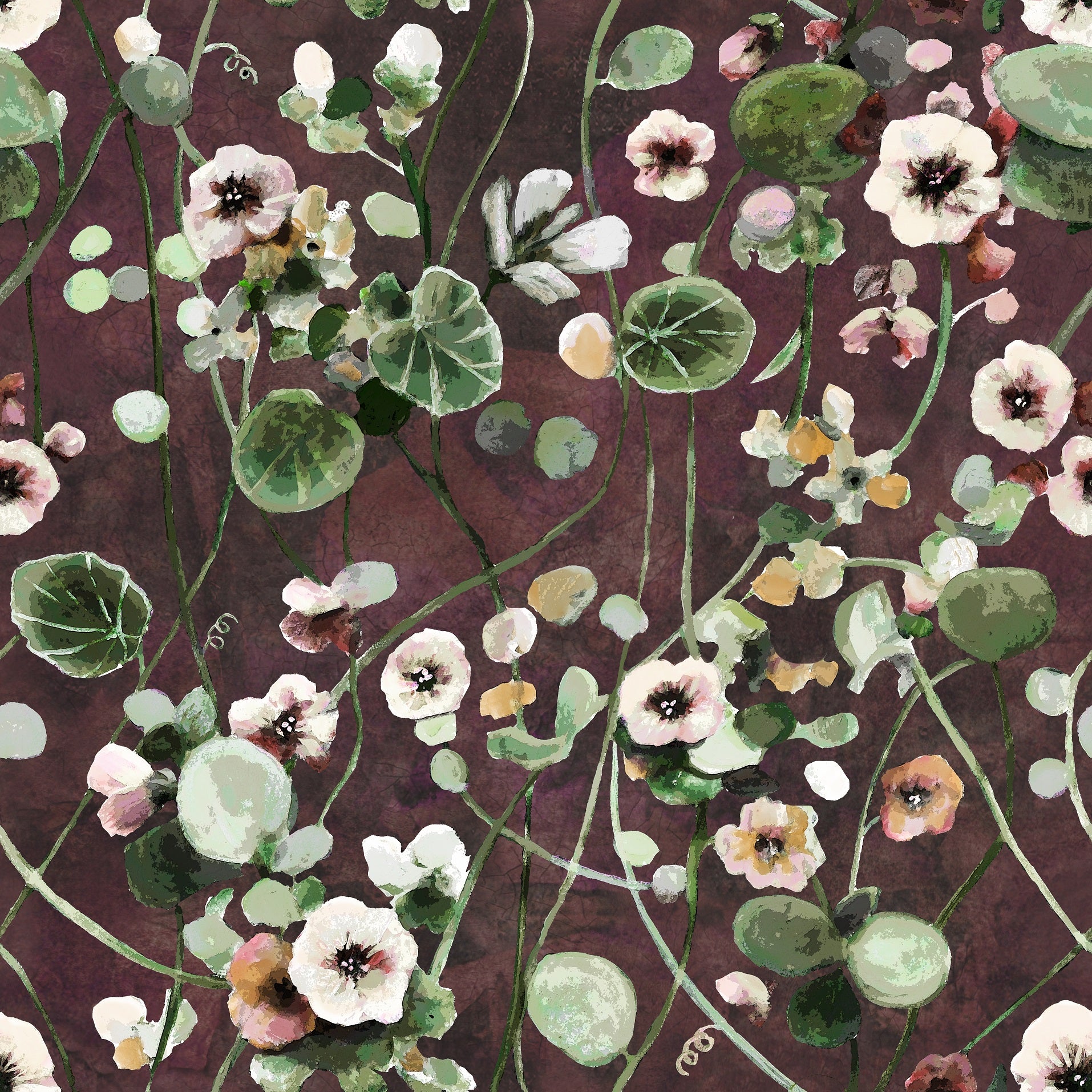Reval Wallpaper Krasse - Vine - Handmålad tapet med levande blommor i röda toner – högkvalitativ tapet för en personlig oc...