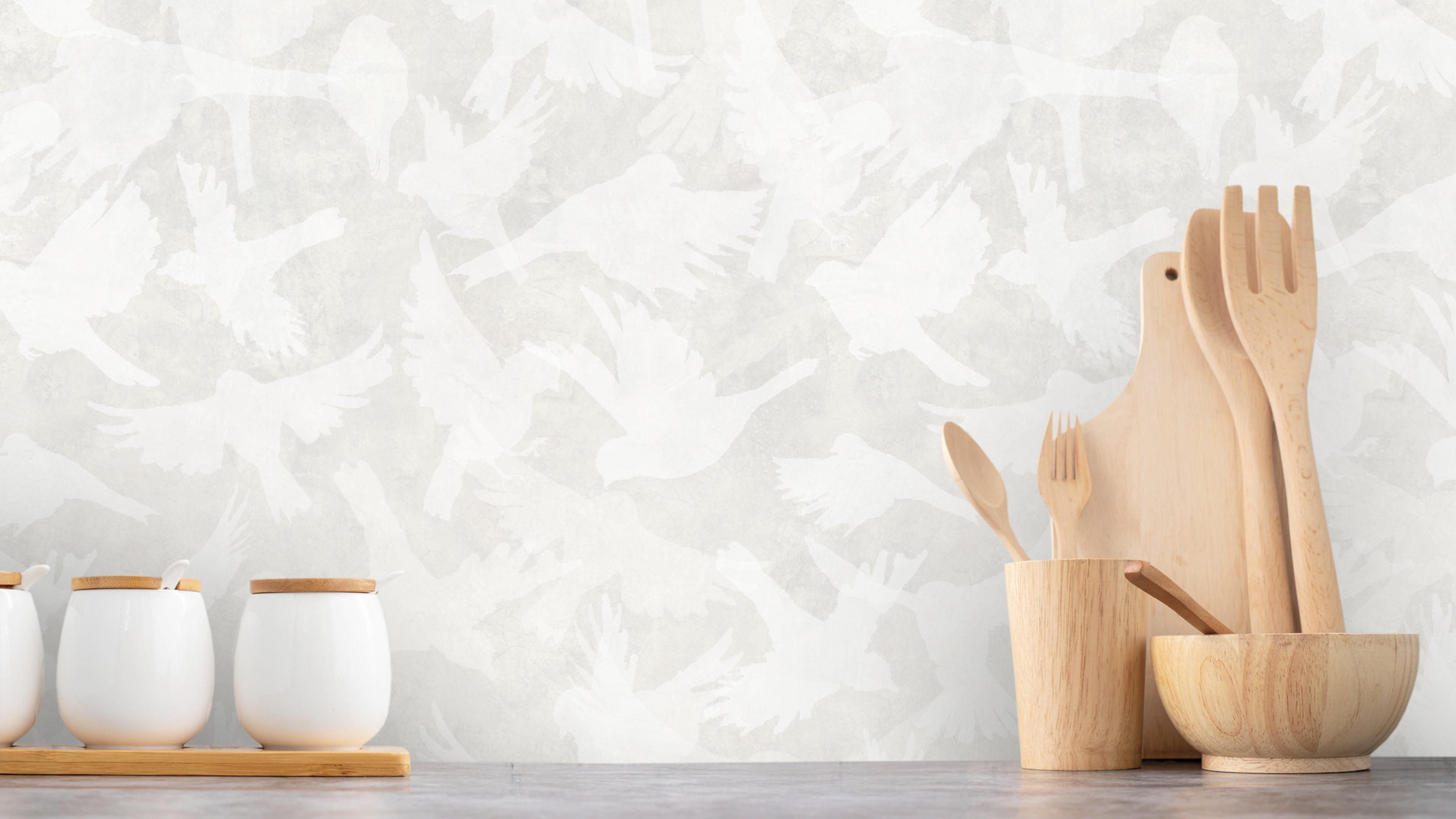 Fåglar - Grey - Elegant grå tapet med fågelmotiv i skandinavisk design