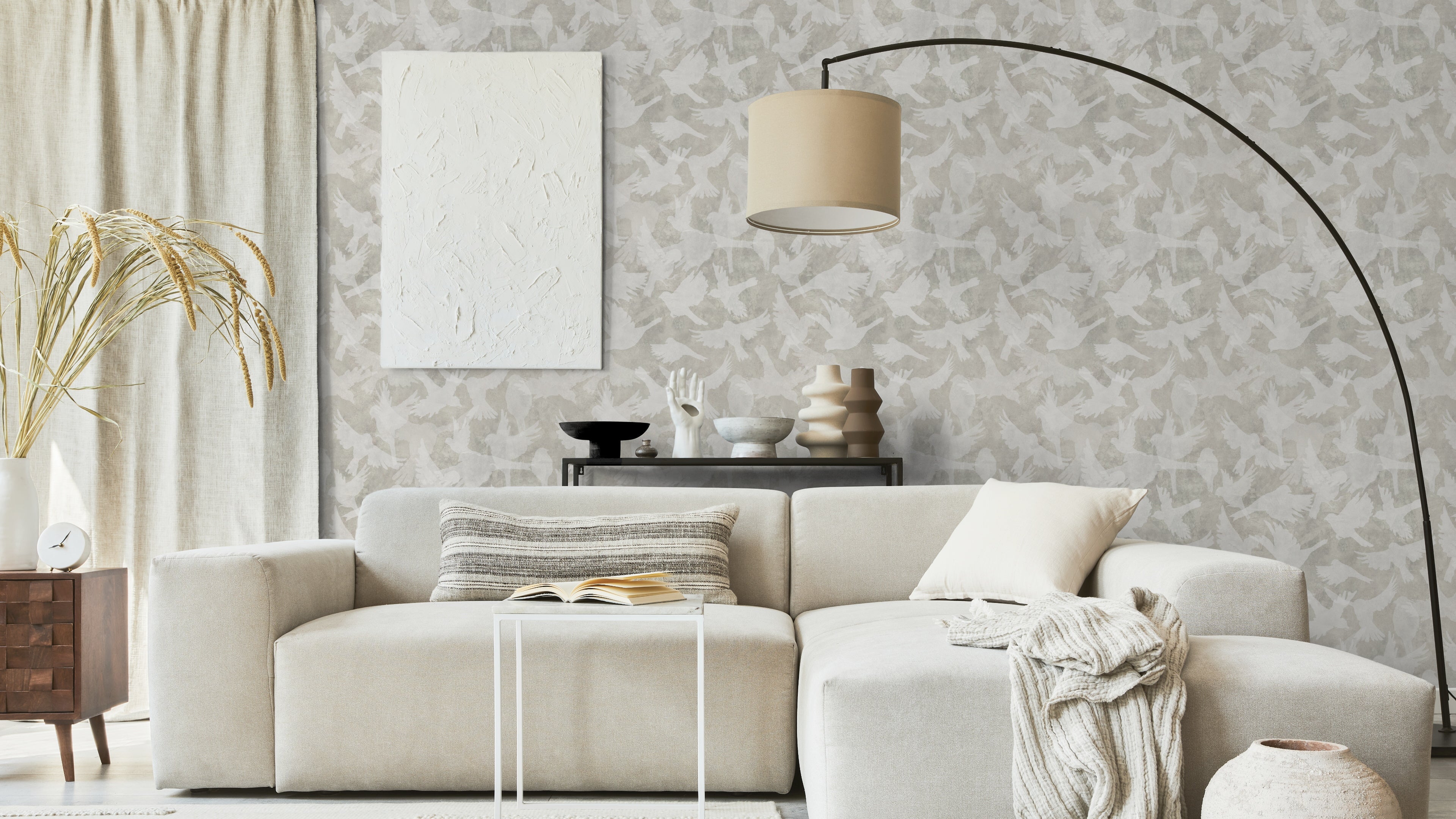 Fåglar - Beige - Naturlig beige tapet med fågelmotiv i skandinavisk design