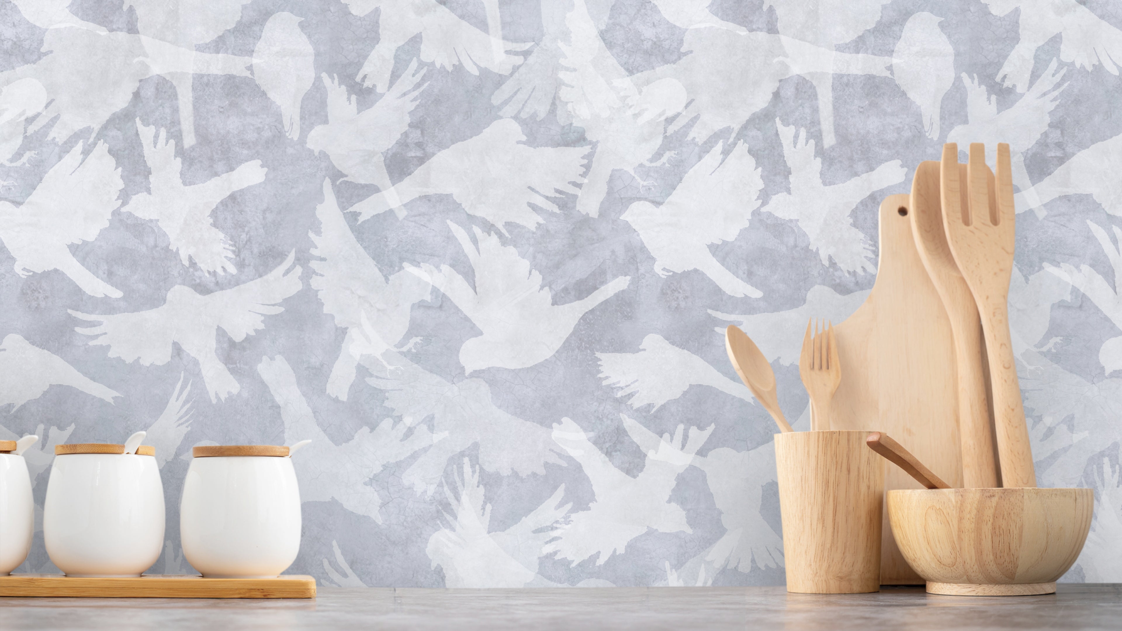 Fåglar - Blå - Lugn blå tapet med fågelmotiv i skandinavisk design