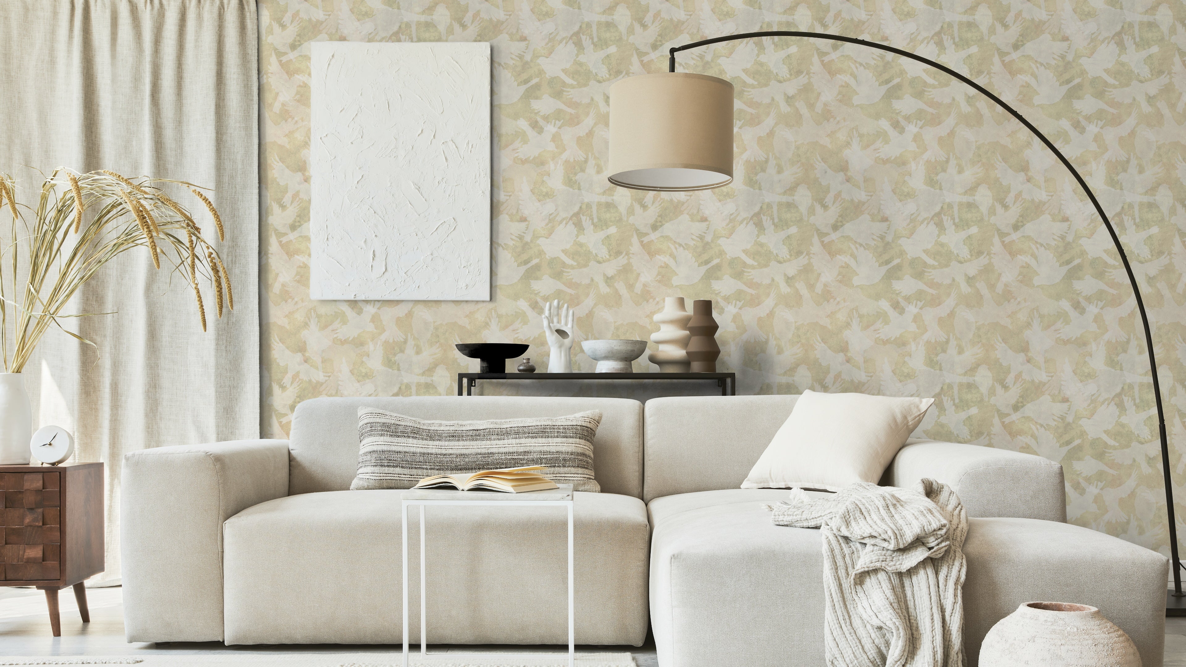 Fåglar - Wheat - Ljus gul tapet med fågelmotiv i skandinavisk design