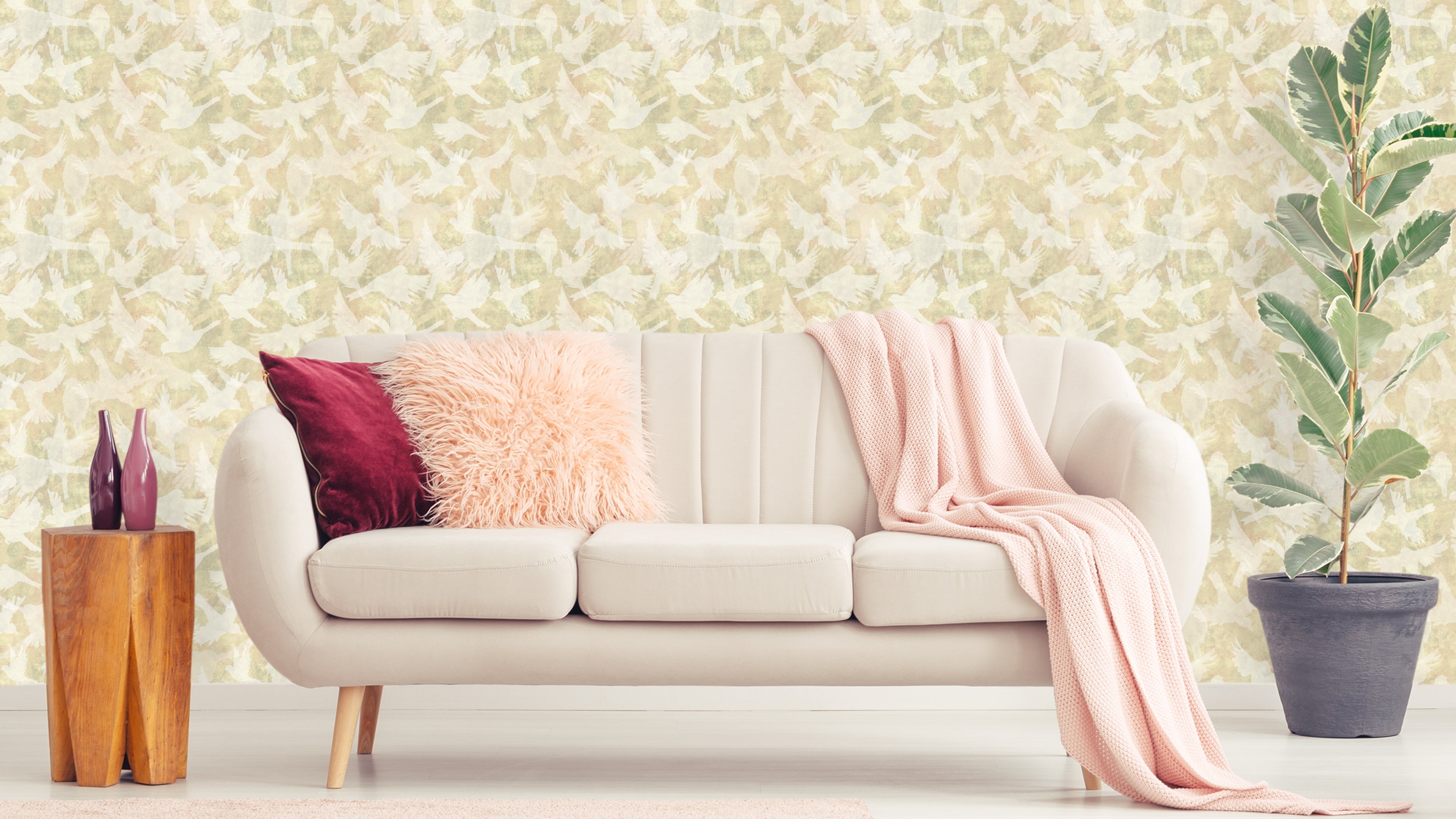 Fåglar - Wheat - Ljus gul tapet med fågelmotiv i skandinavisk design