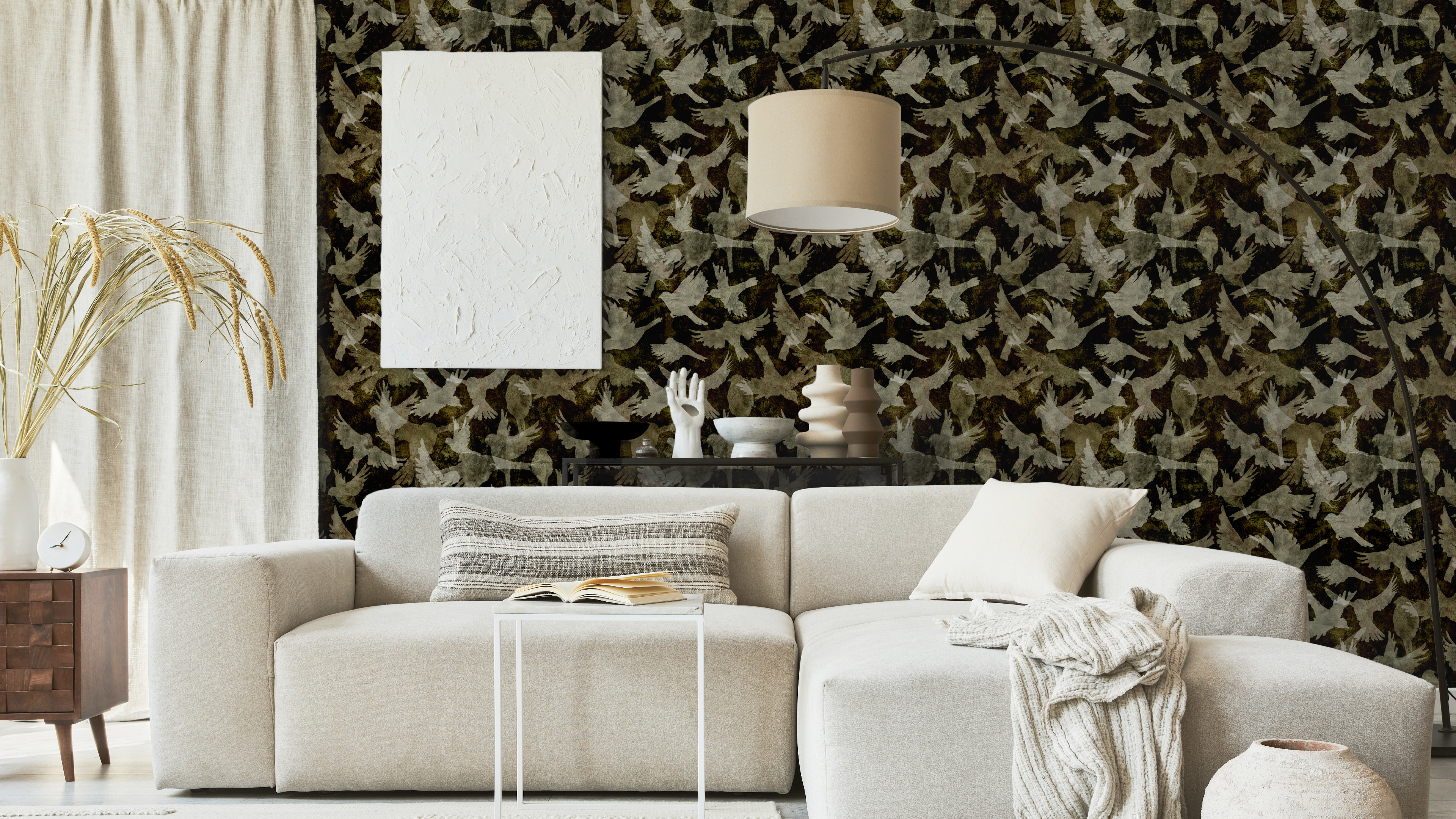 Fåglar - Amber - Elegant tapet med fågelmotiv i varma amber-toner