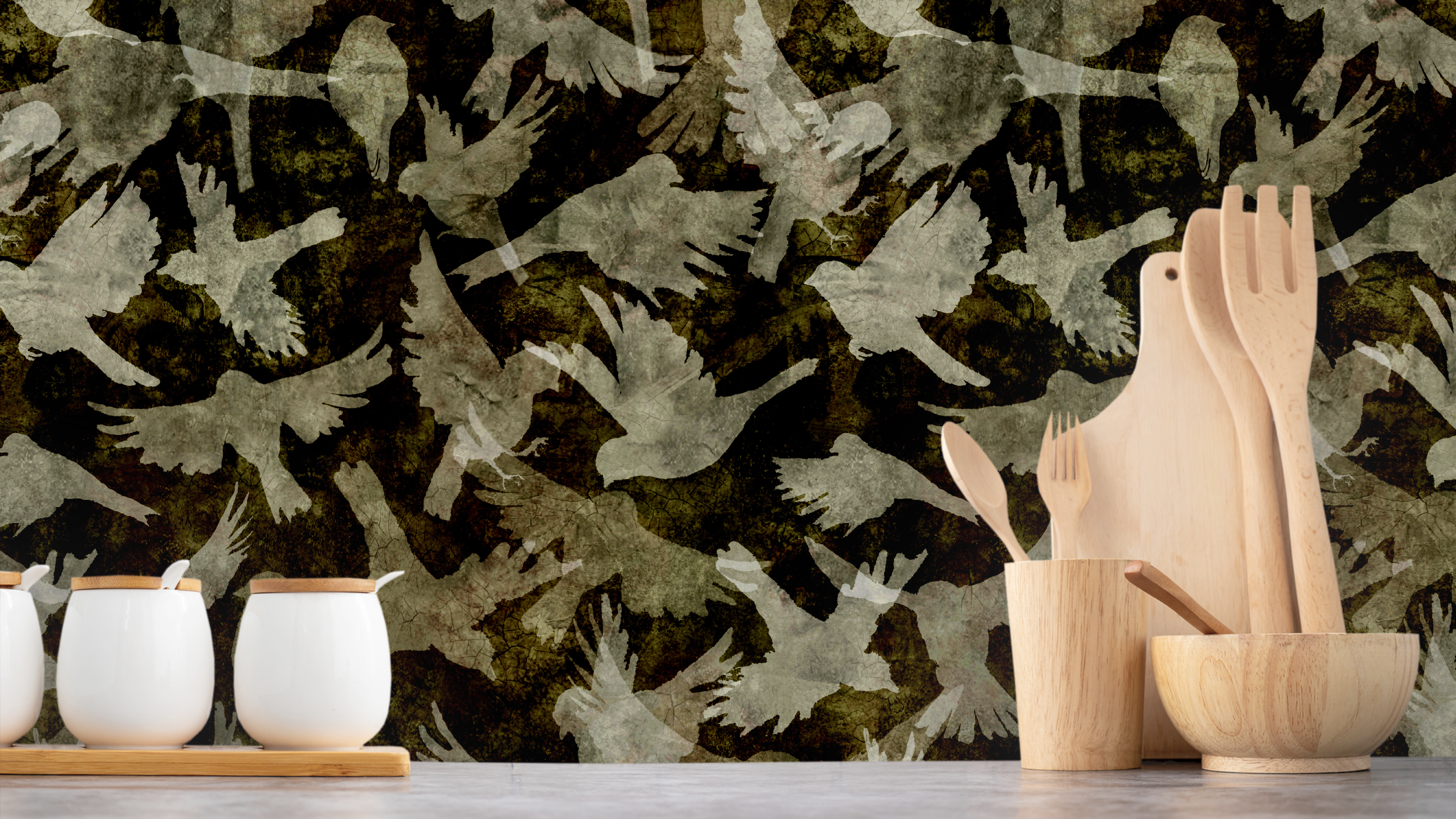 Fåglar - Amber - Elegant tapet med fågelmotiv i varma amber-toner