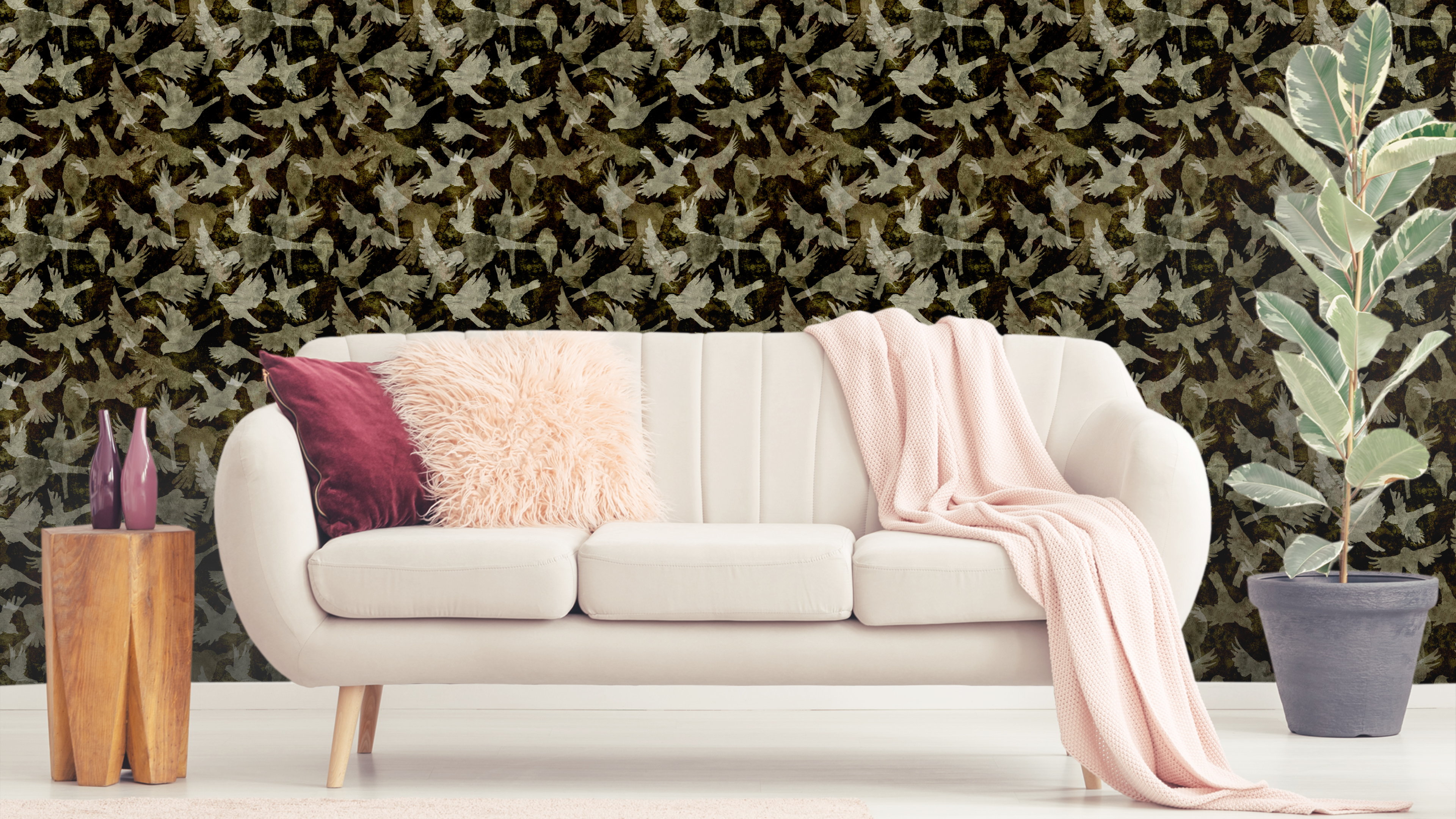 Fåglar - Amber - Elegant tapet med fågelmotiv i varma amber-toner