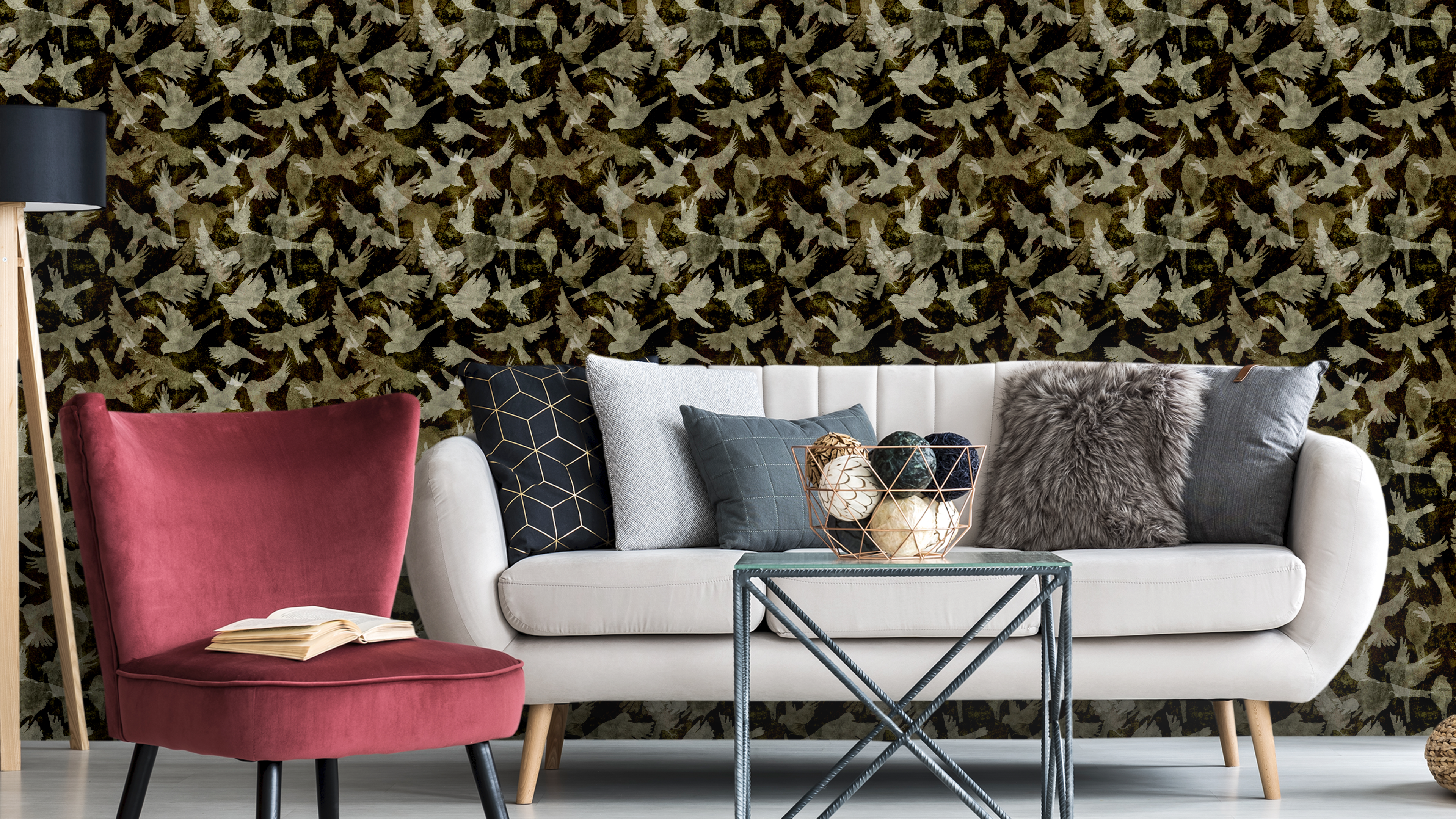 Fåglar - Amber - Elegant tapet med fågelmotiv i varma amber-toner