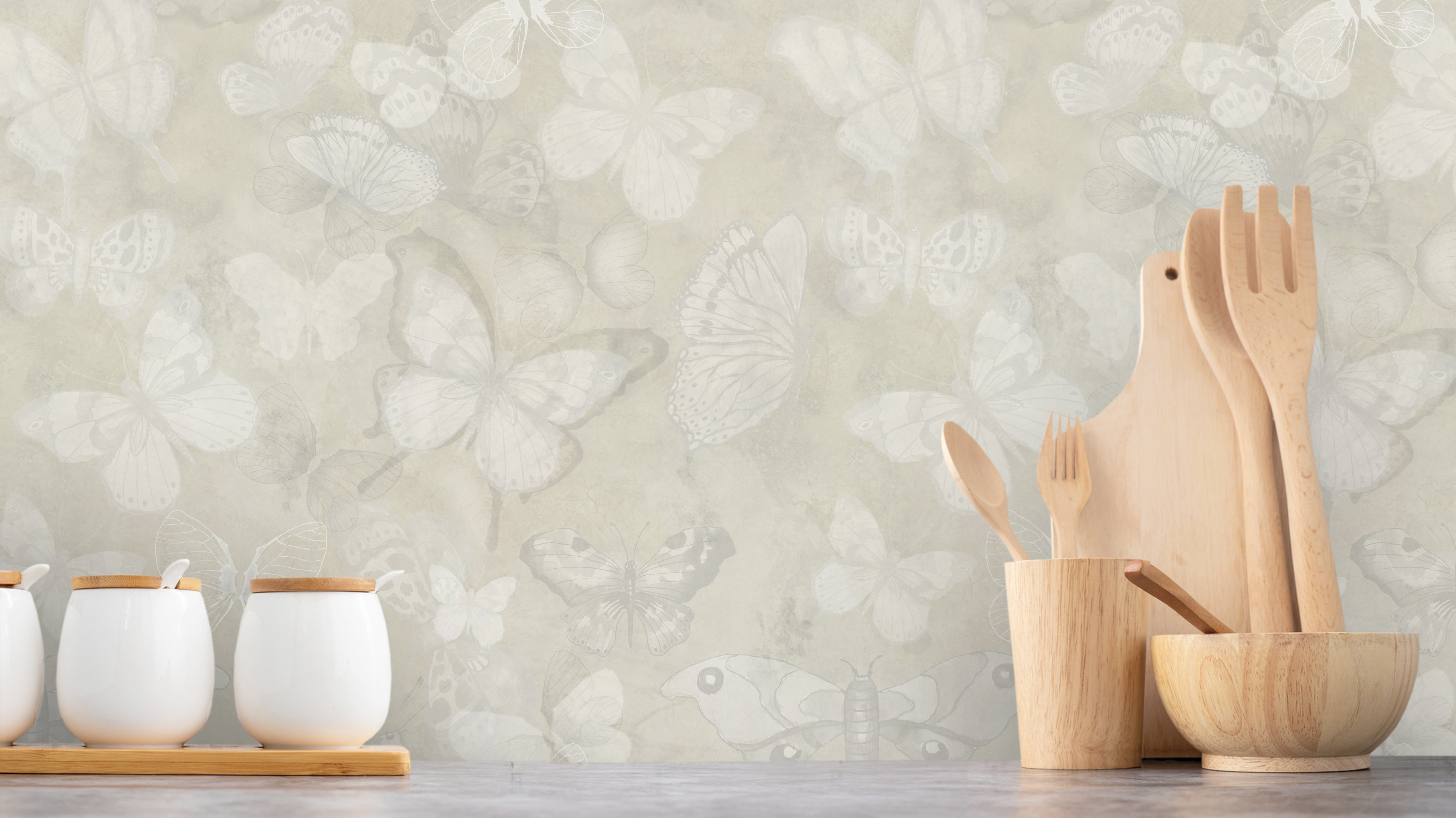 Mariposa - Unbleached - Fjärilstapet i akvarell med melerad bakgrund