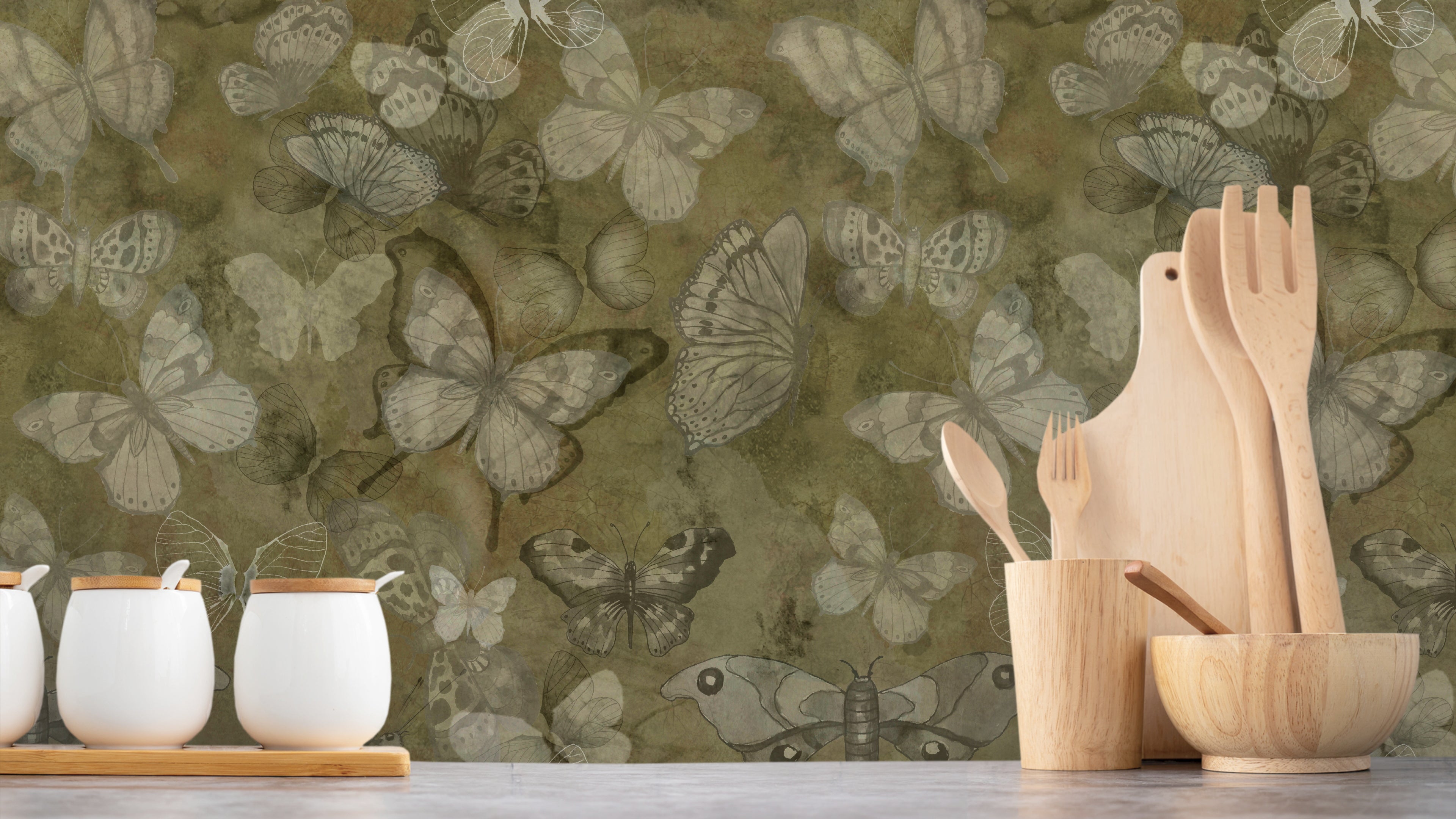 Mariposa - Earth - Fjärilstapet i akvarell med melerad bakgrund