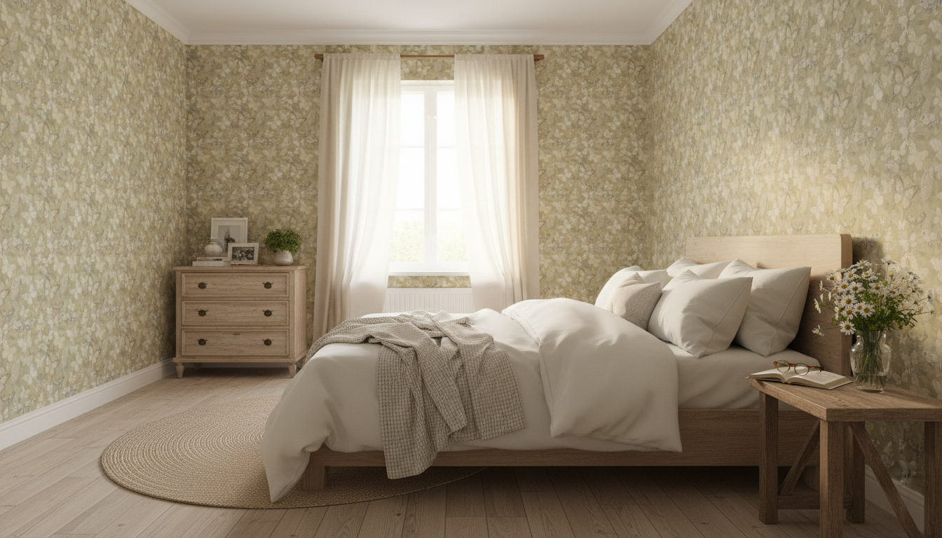 Mariposa - Khaki - Fjärilstapet i akvarell med melerad bakgrund