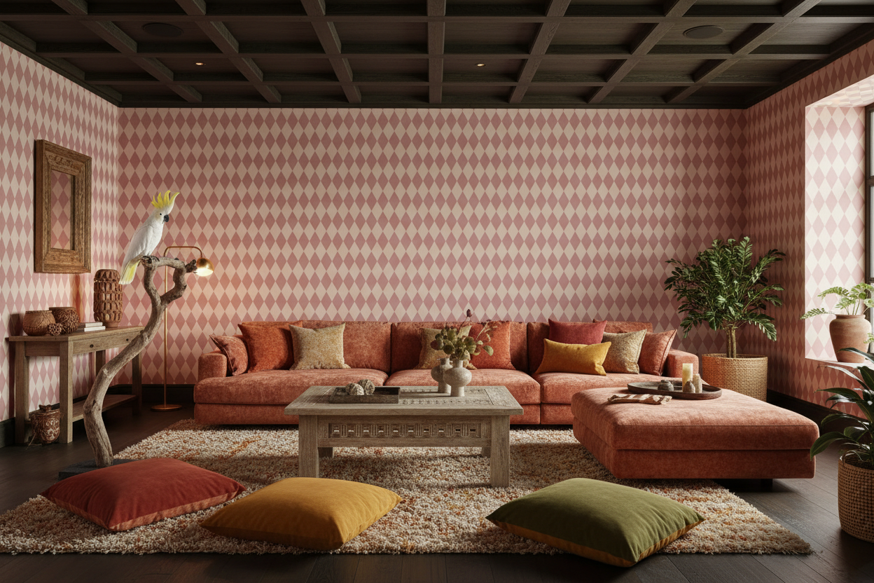 Wavy Diamond - Marrakech - Geometrisk tapet med vågiga diamanter i röda toner