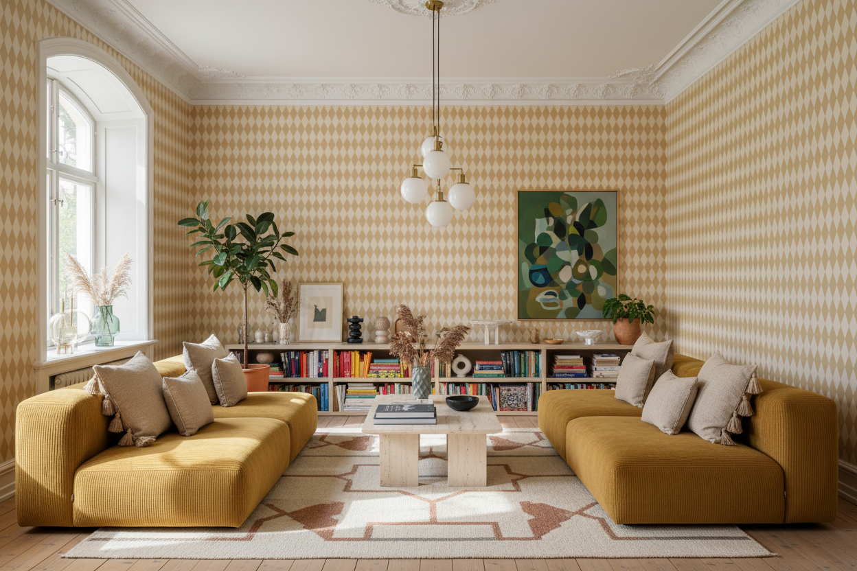 Wavy Diamond - Sunflower – Geometrisk tapet med retrokänsla