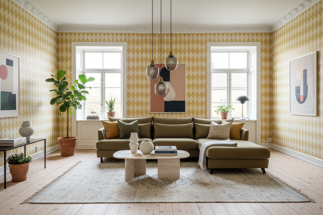 Wavy Diamond - Sunflower – Geometrisk tapet med retrokänsla