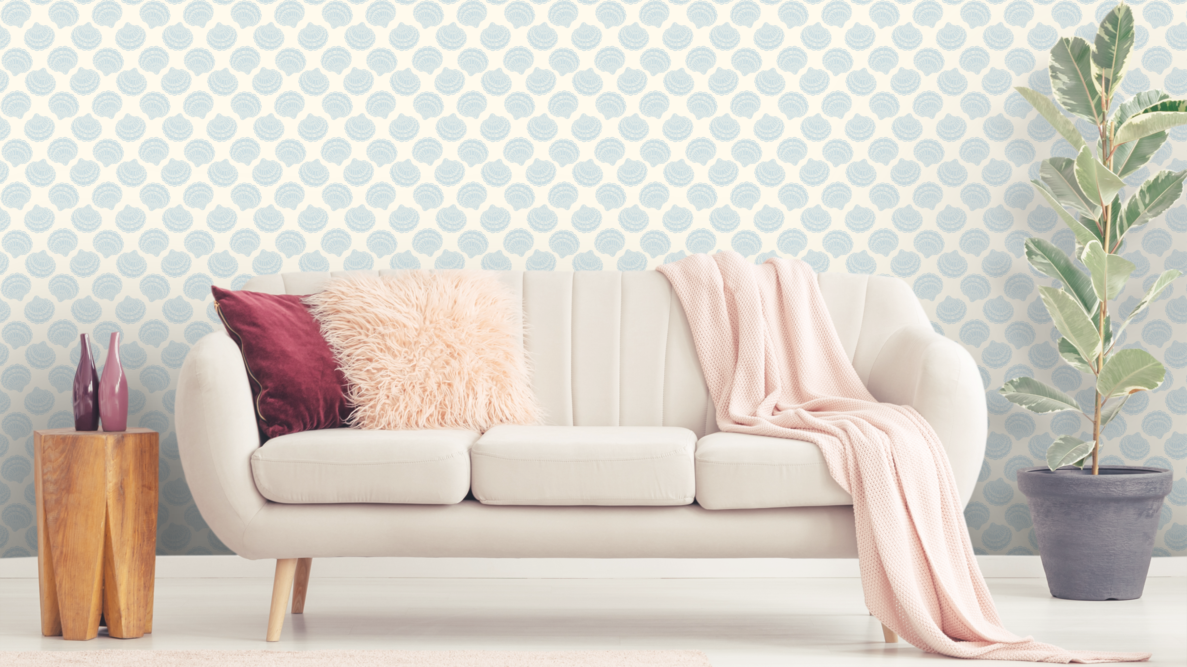 Reval Wallpaper Vongole - Light Blue - Elegant tapet med musselskal i pastellblått – högkvalitativ tapet för en personlig ...