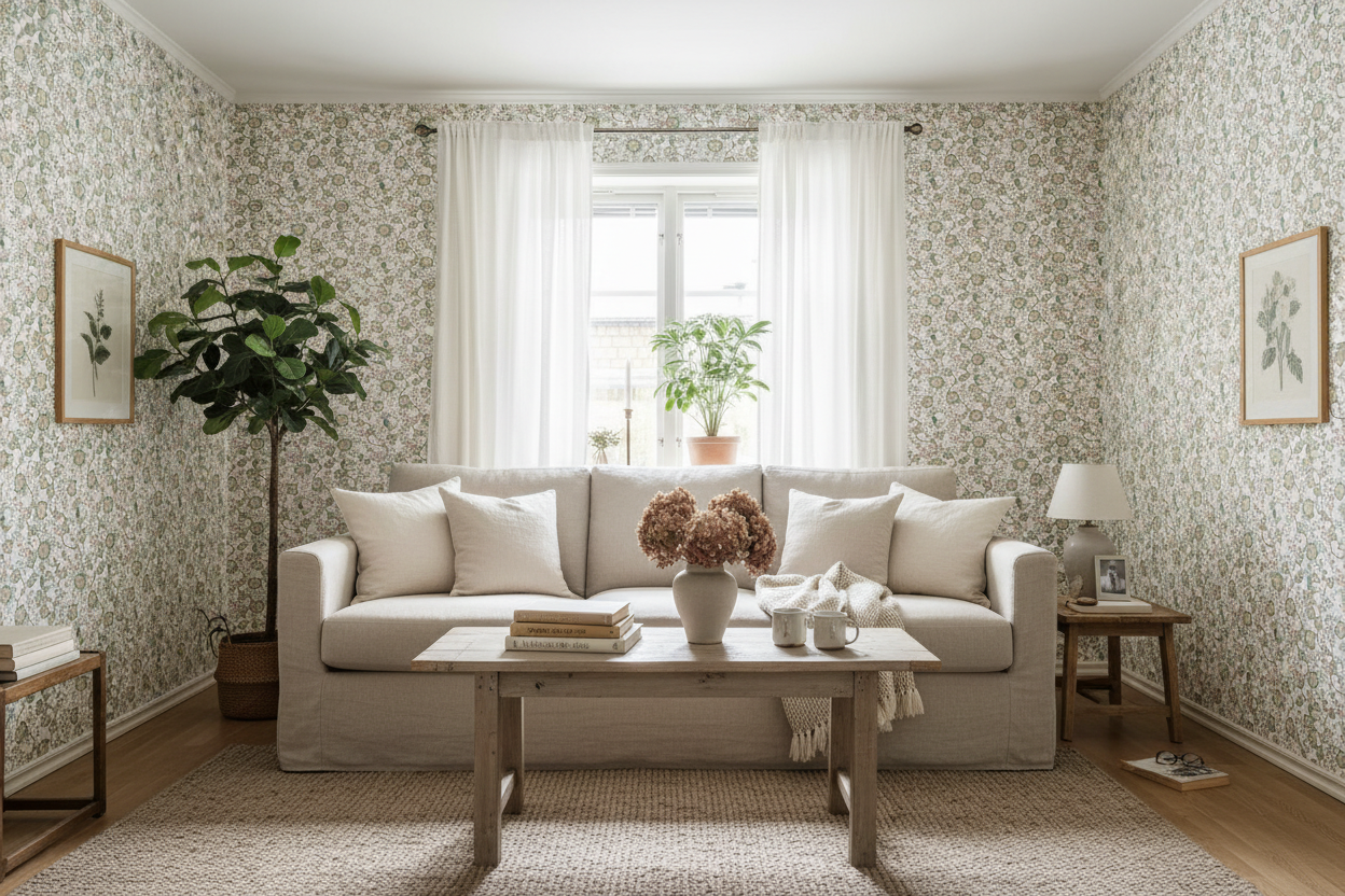 Epiphany - Creme - Romantisk tapet med fåglar och blommor