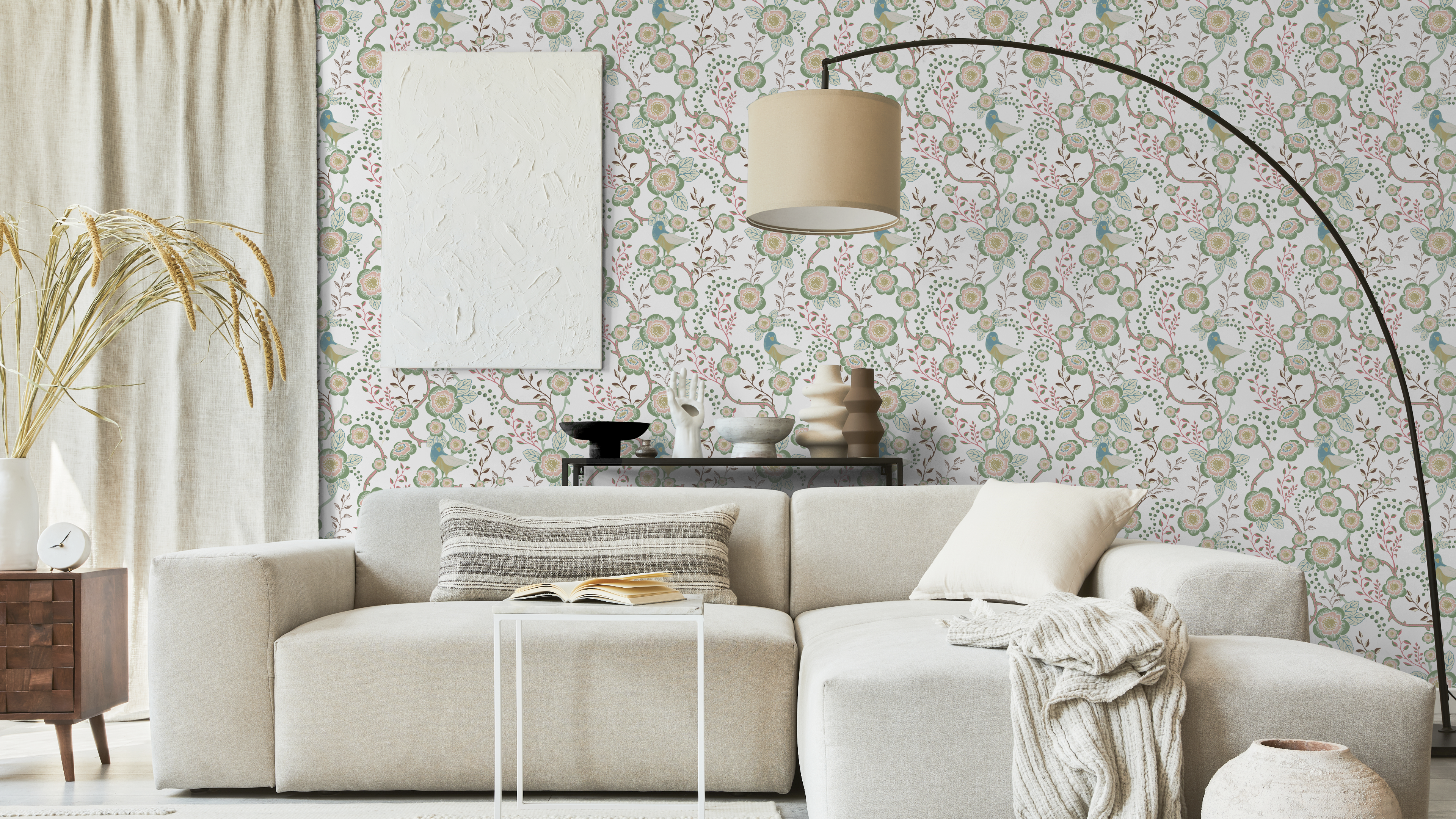 Reval Wallpaper Epiphany - Creme - Romantisk tapet med fåglar och blommor – högkvalitativ tapet för en personlig och harmo...