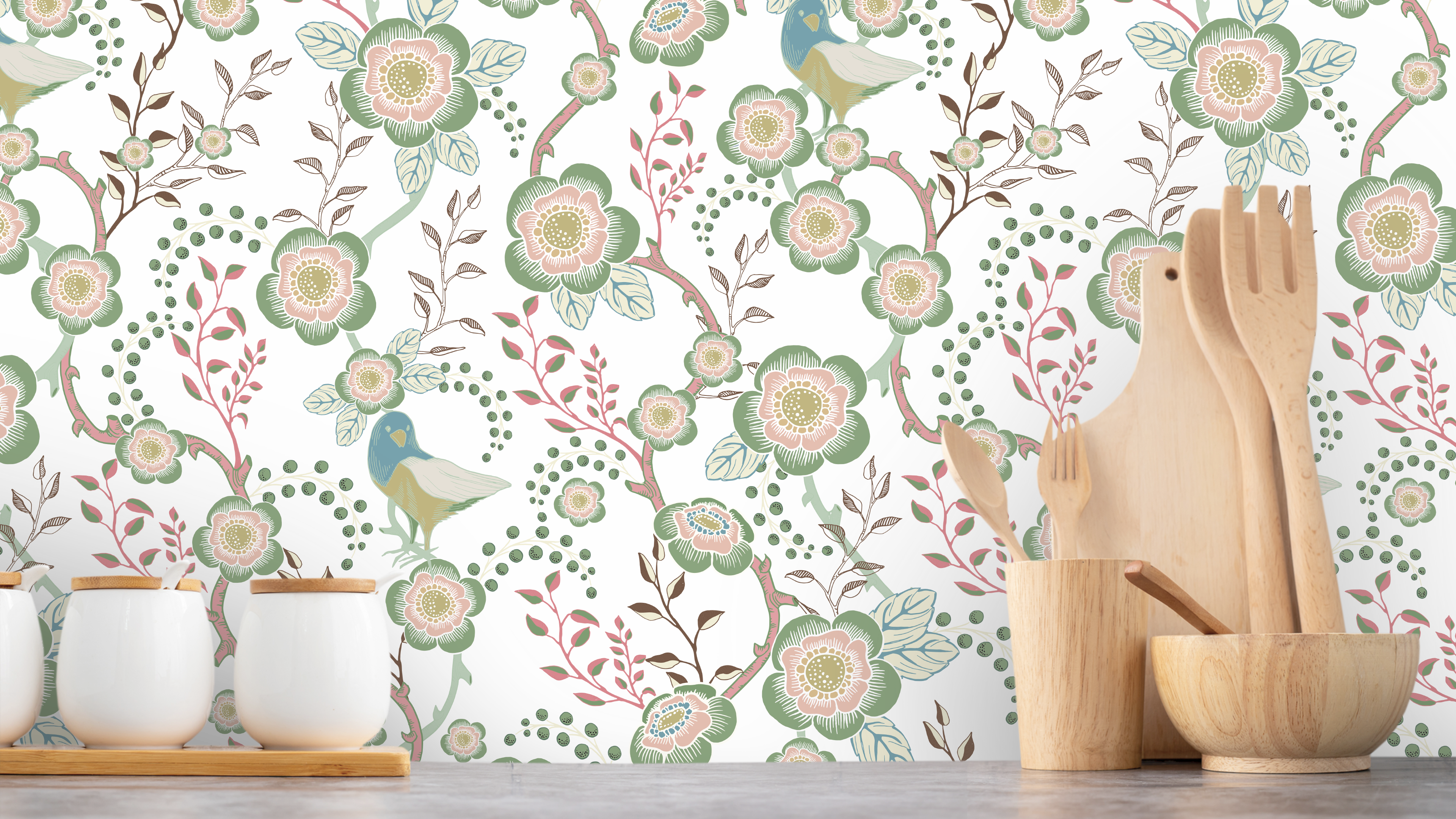Reval Wallpaper Epiphany - Creme - Romantisk tapet med fåglar och blommor – högkvalitativ tapet för en personlig och harmo...